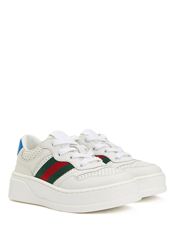 Gucci Beyaz Logolu Unisex Ocuk Deri Sneaker Ok Renkli Beyaz