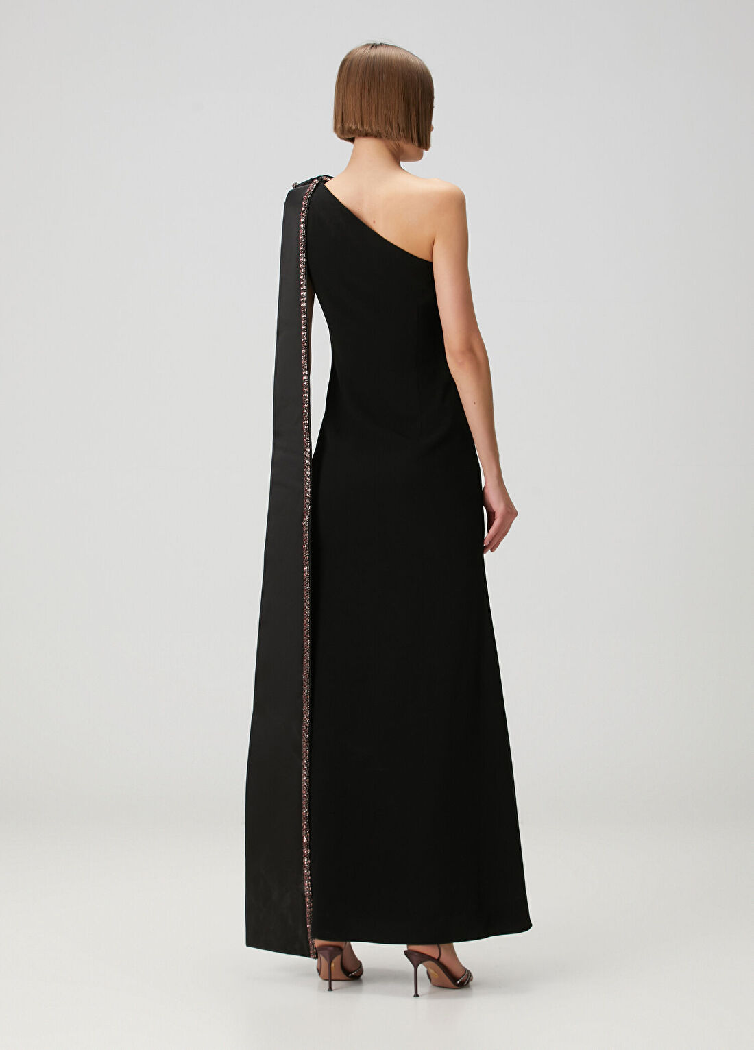 Roland Mouret Siyah Maksi Saten Krep Abiye Elbise görsel 4