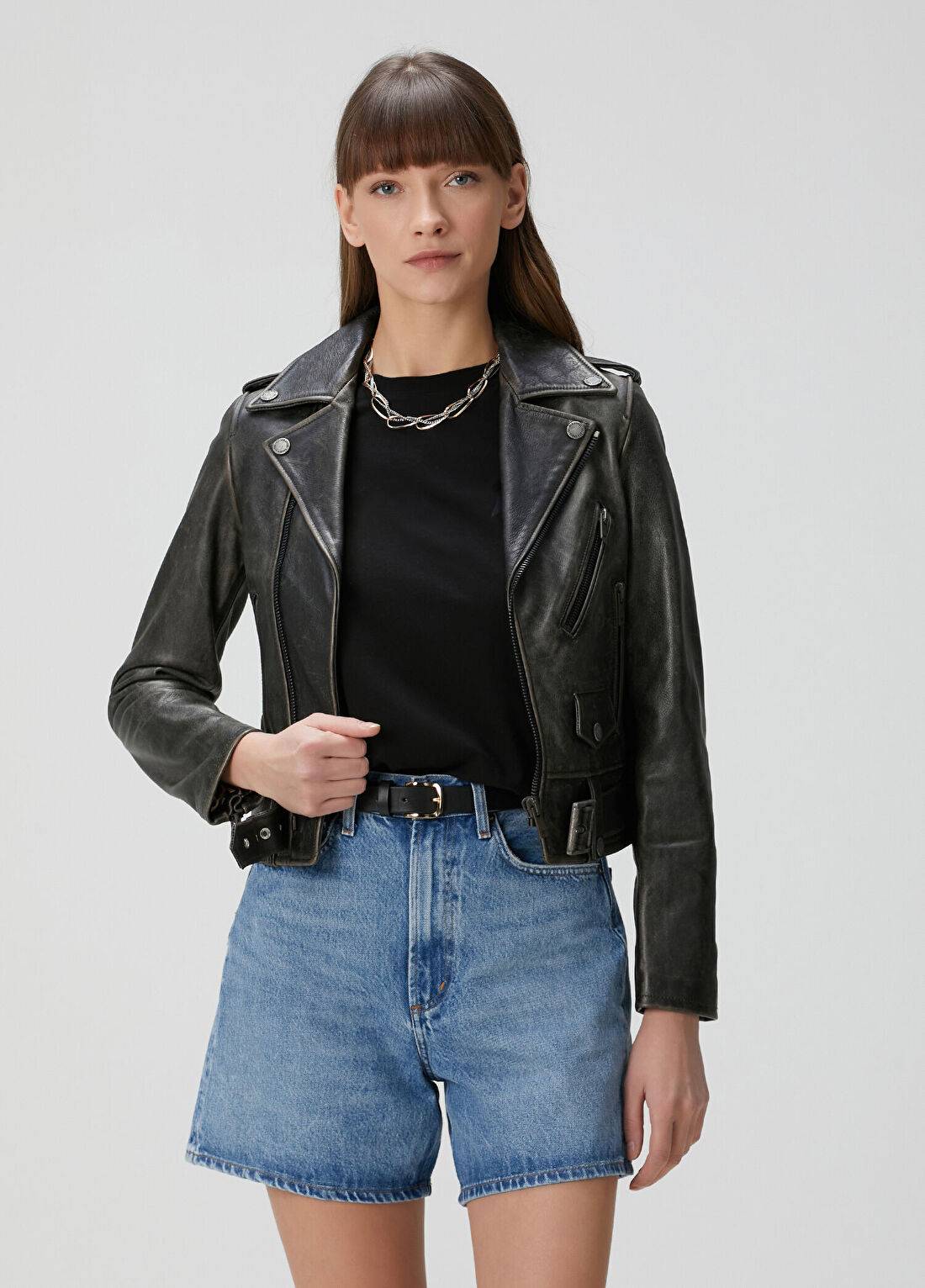 Golden Goose Slim Fit Siyah Deri Biker Ceket