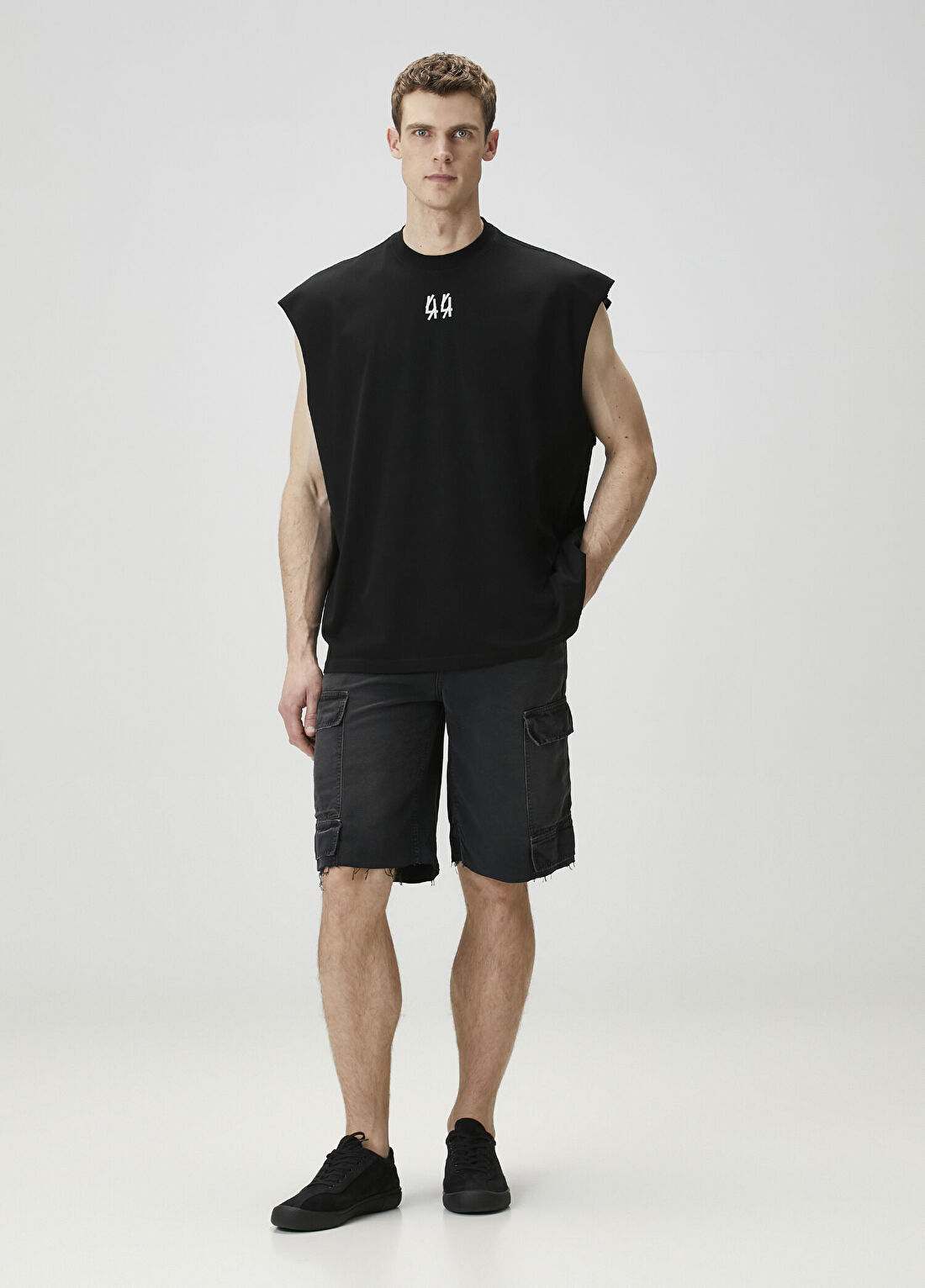 44 Label Group Siyah Kargo Denim Bermuda