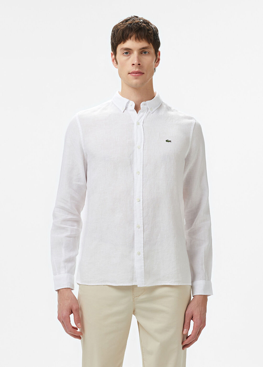 Lacoste Beyaz Keten Düğmeli Yaka Regular Fit Uzun Kollu Erkek Gömlek