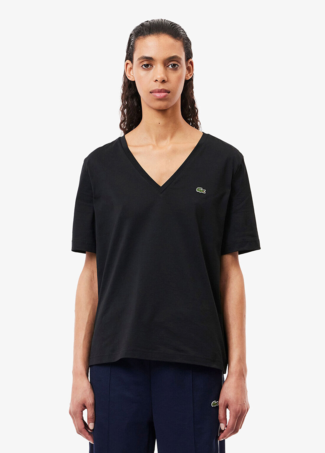 Lacoste Siyah V Yaka Relaxed Fit Kısa Kollu Kadın T-shirt