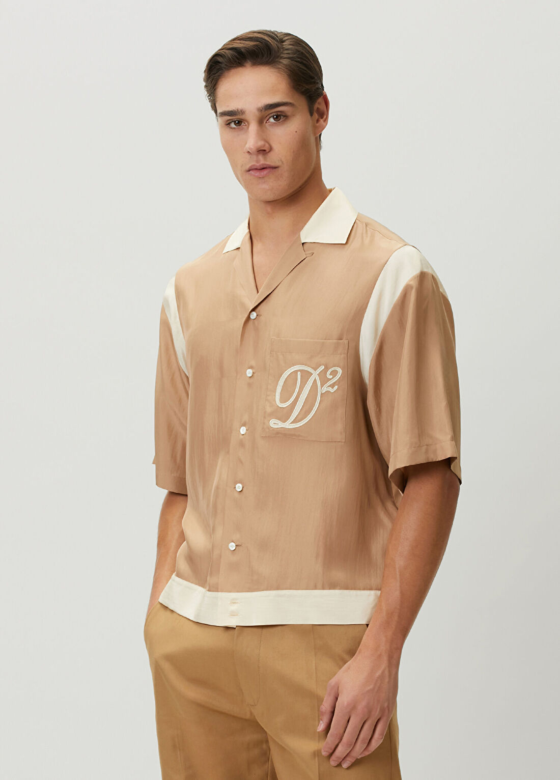 Dsquared2 Bej Logo Nakışlı Kısa Kollu İpek Gömlek
