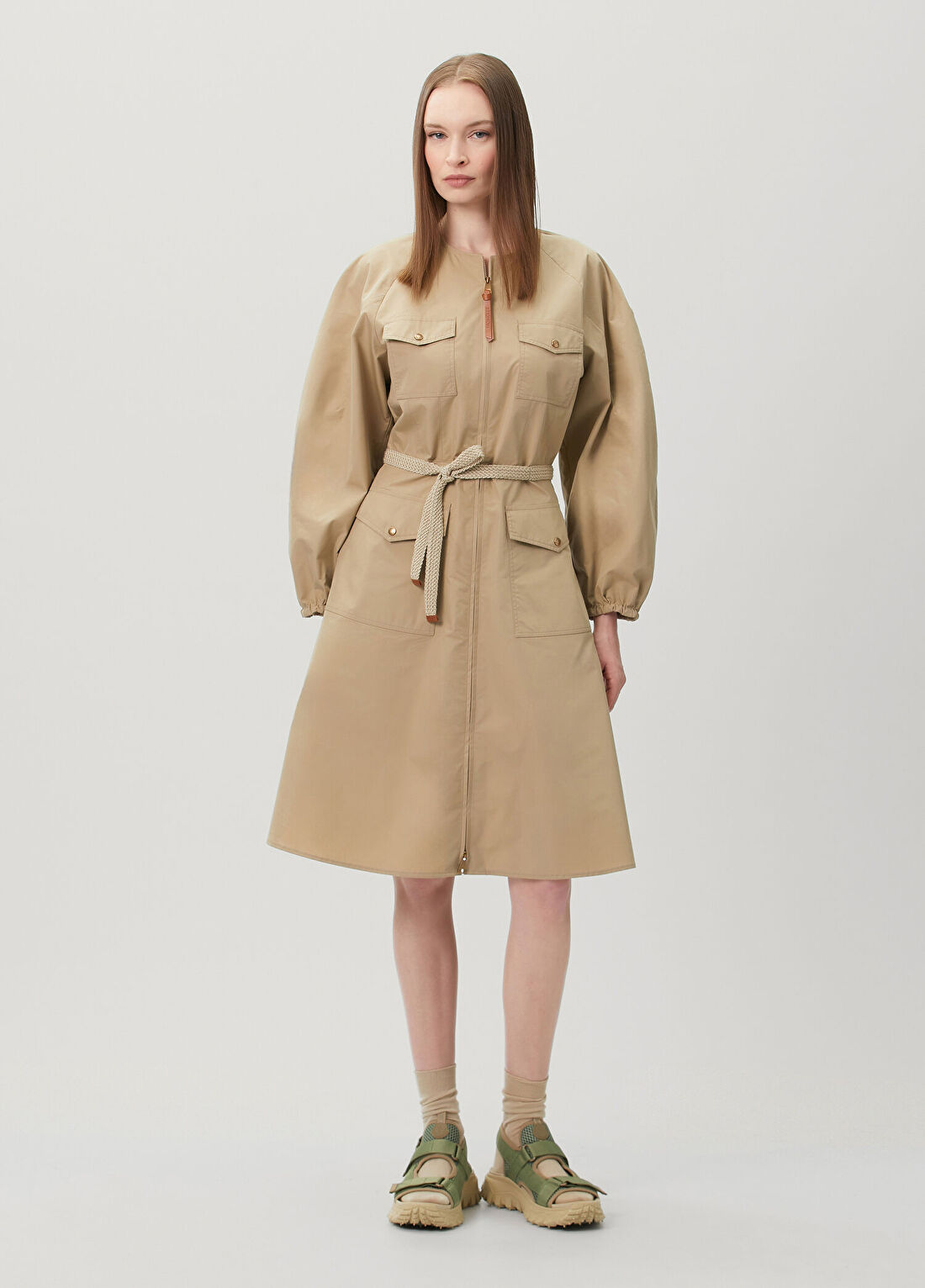 Moncler Bej Midi Poplin Elbise