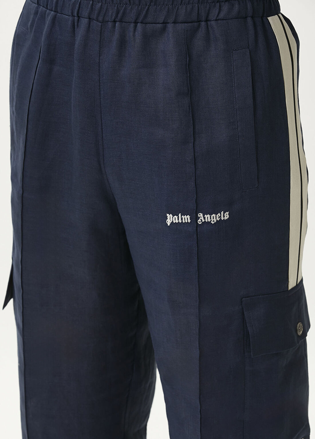 Palm Angels Koyu Mavi Kontrast Şeritli Kargo Keten Pantolon görsel 4