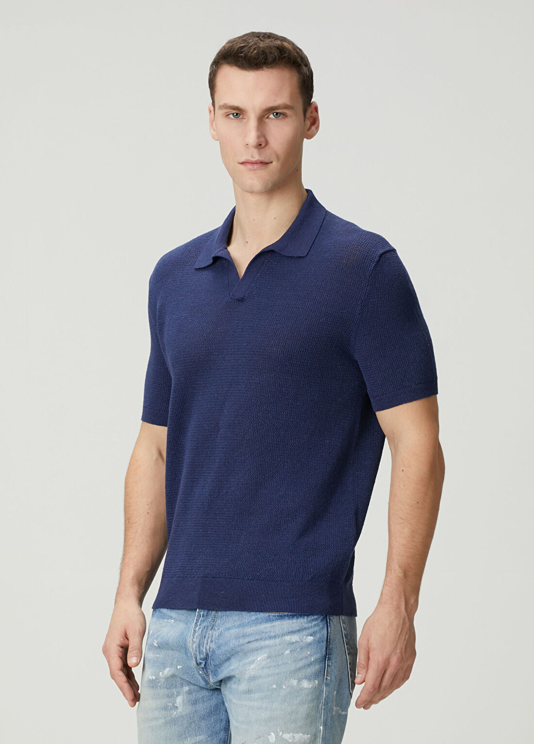 Polo Ralph Lauren Lacivert Polo Yaka Kısa Kol Keten Kazak görsel 3
