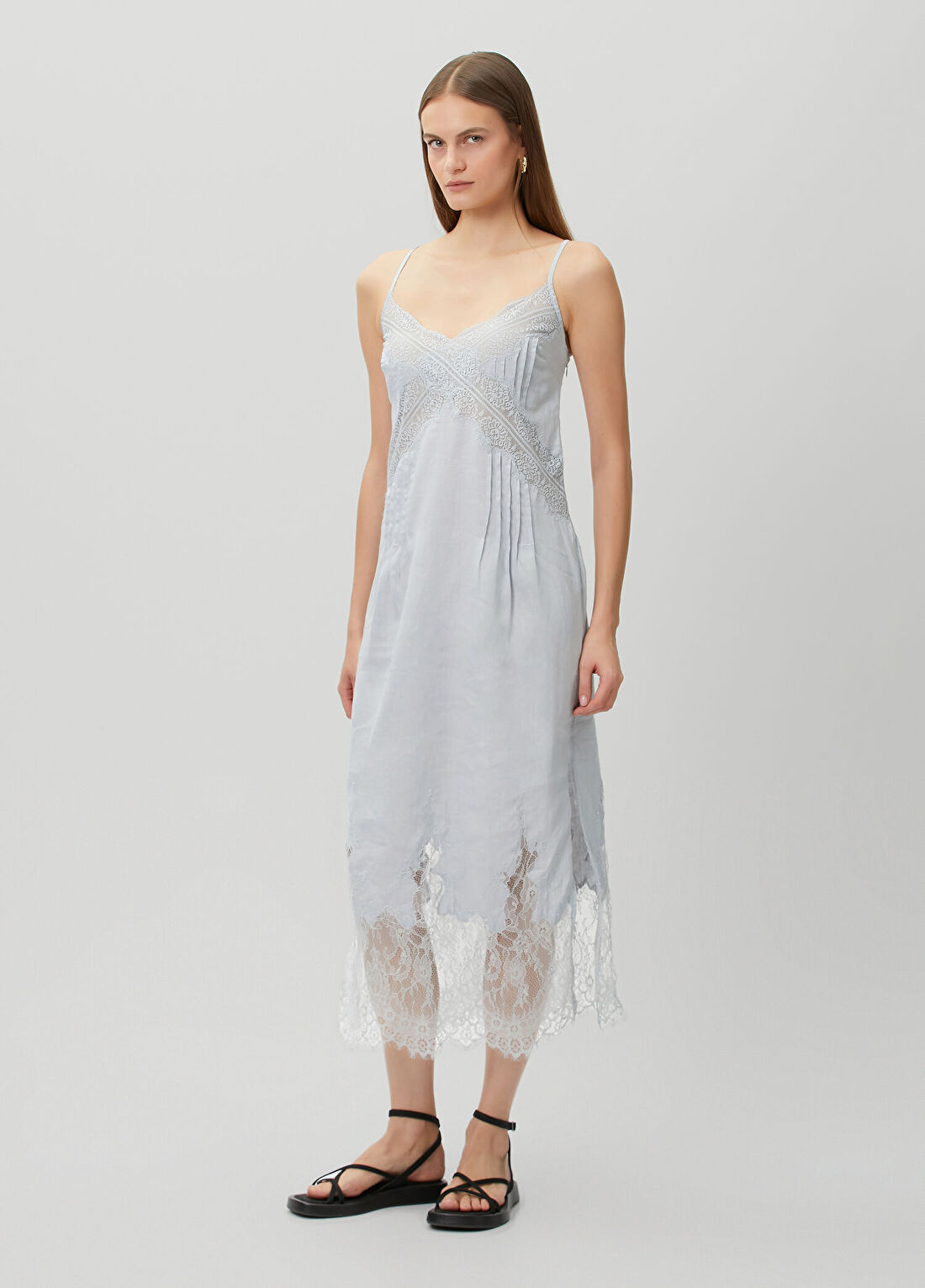 AllSaints Samia Açık Mavi Midi Keten Elbise