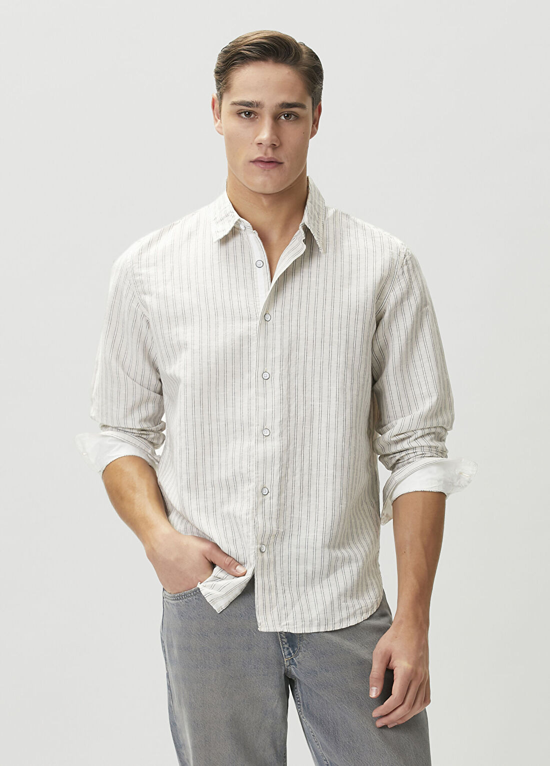 Rag&Bone Kırık Beyaz Çizgi Desenli Keten Gömlek