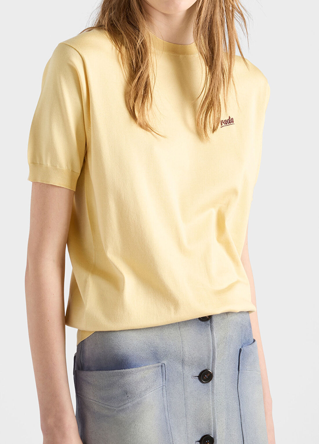 Prada Sarı İpek Bisiklet Yaka Kısa Kollu Kadın T-shirt görsel 4