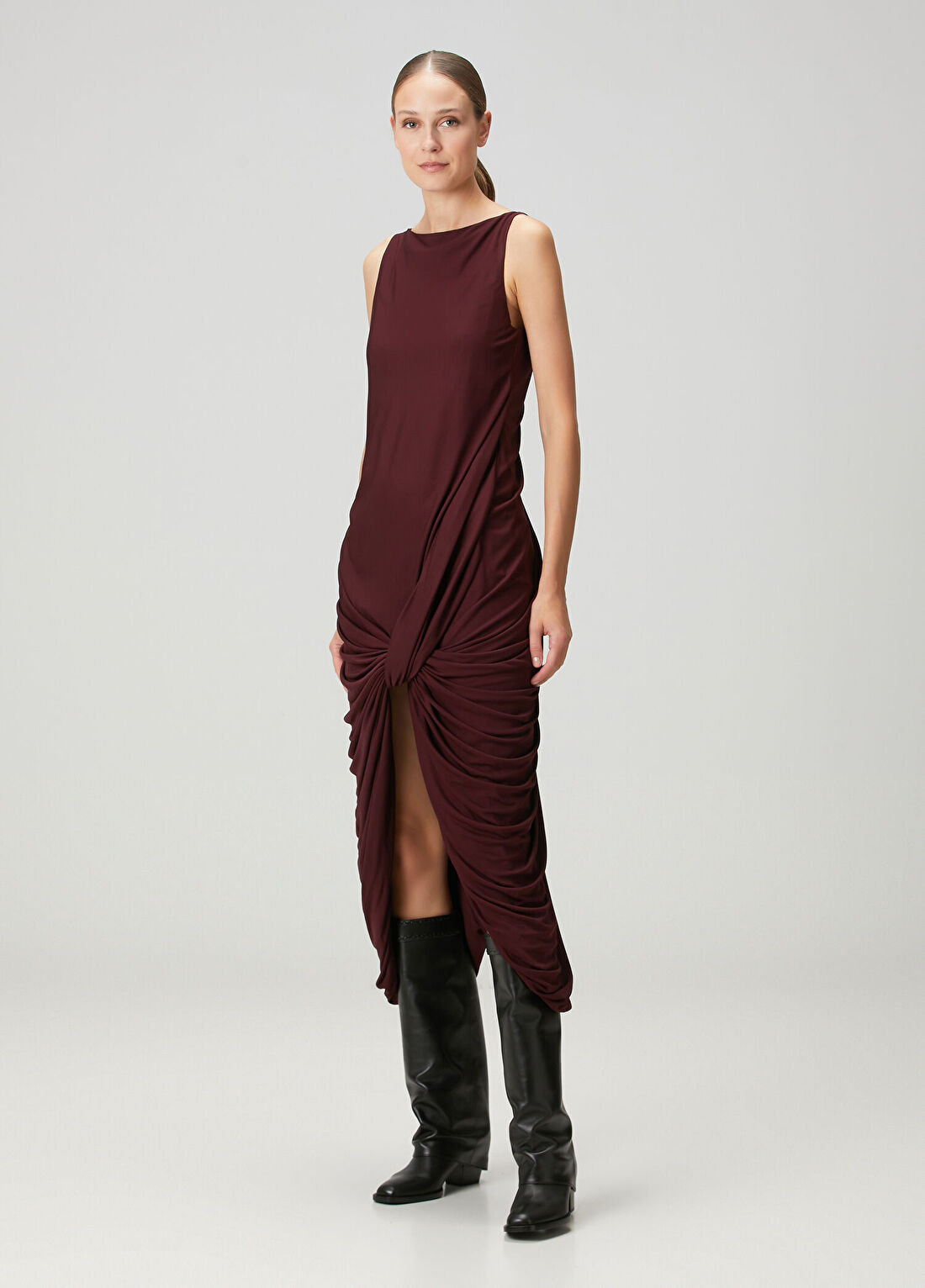 Loewe Bordo Drapeli Midi Kokteyl Elbise
