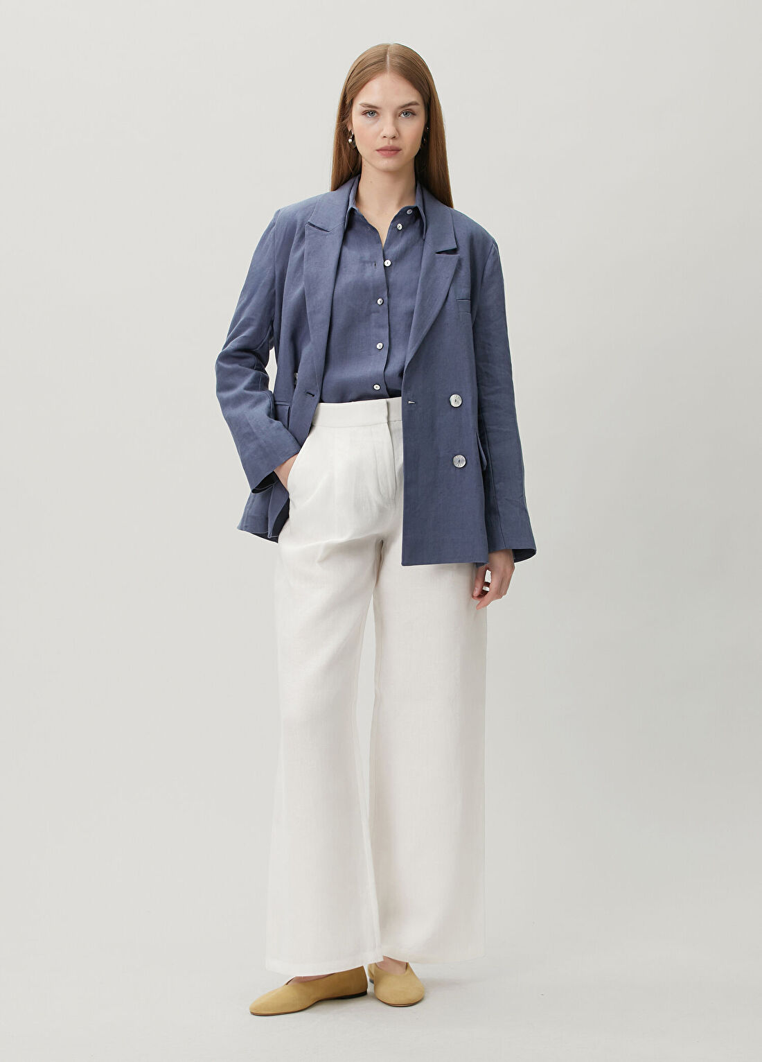 Dor Raw Luxury Ripple Ekru Keten Pantolon görsel 2
