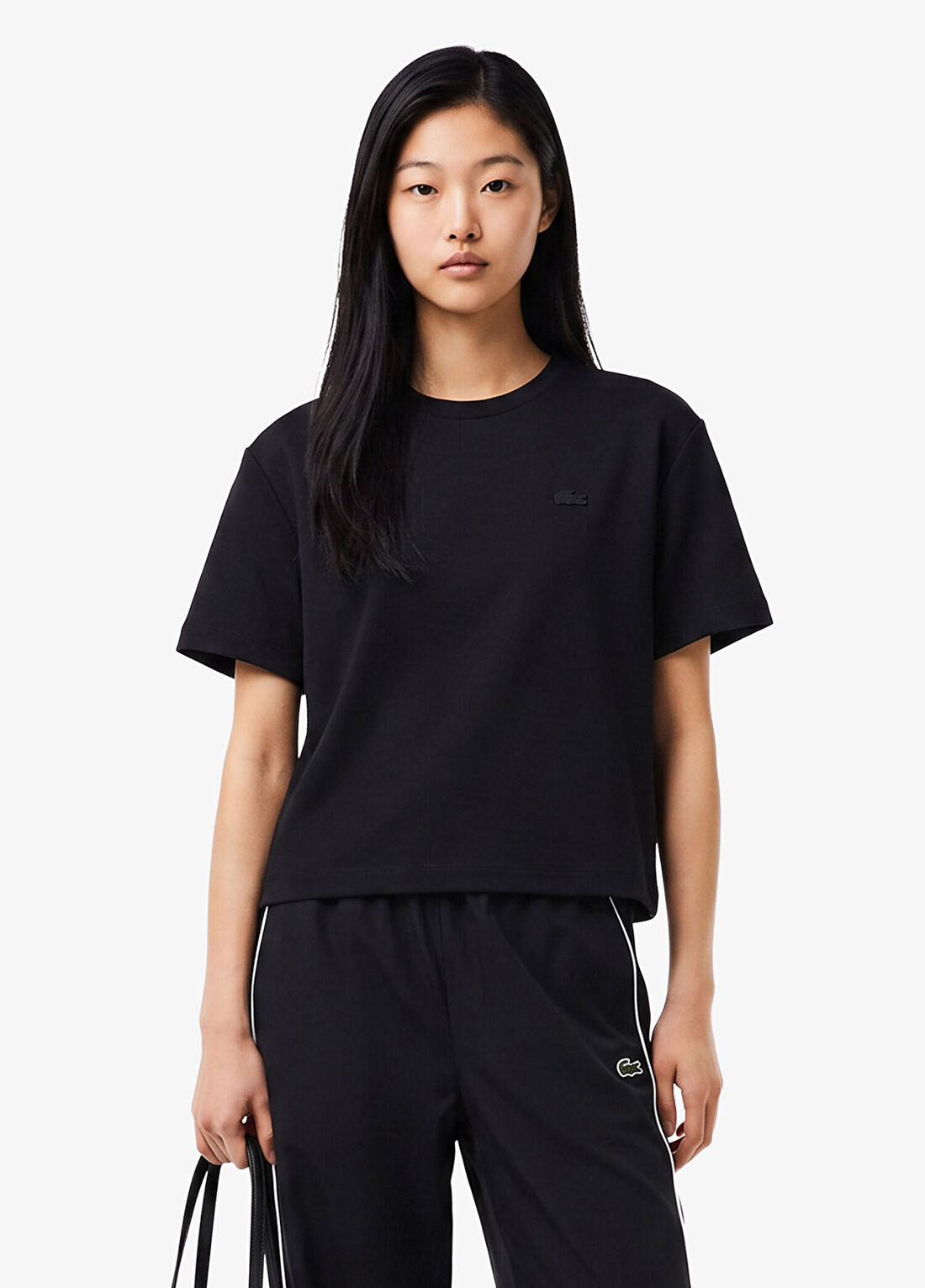 Lacoste Siyah Bisiklet Yaka Loose Fit Kısa Kolu Kadın T-Shirt