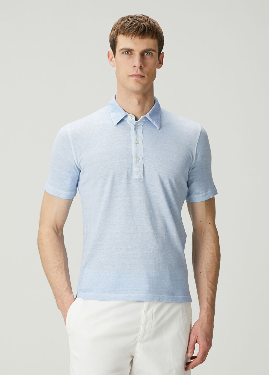 120% Lino Mavi Polo Yaka Keten T-shirt