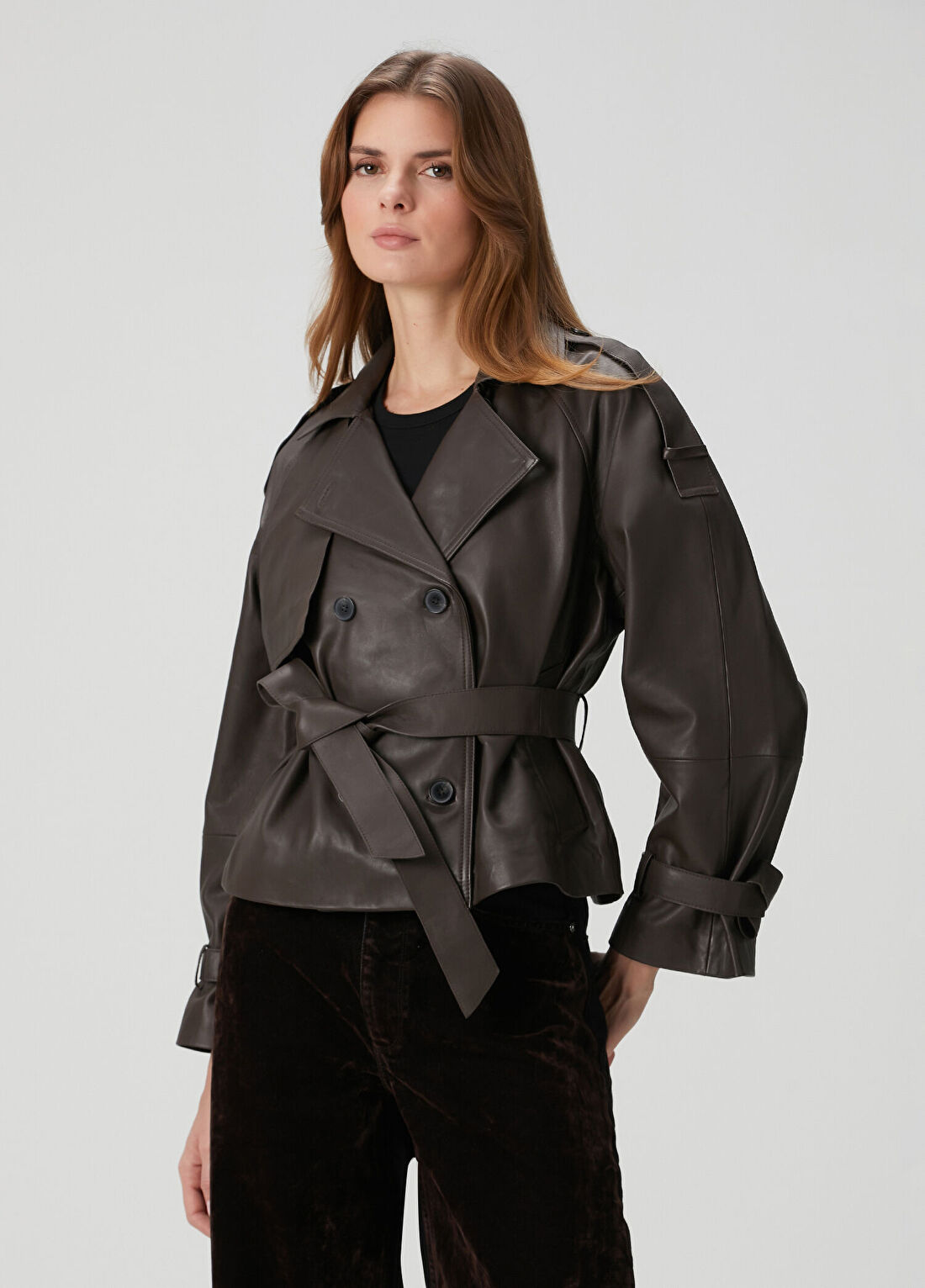 AllSaints Reed Cropped Koyu Kahverengi Deri Ceket görsel 3