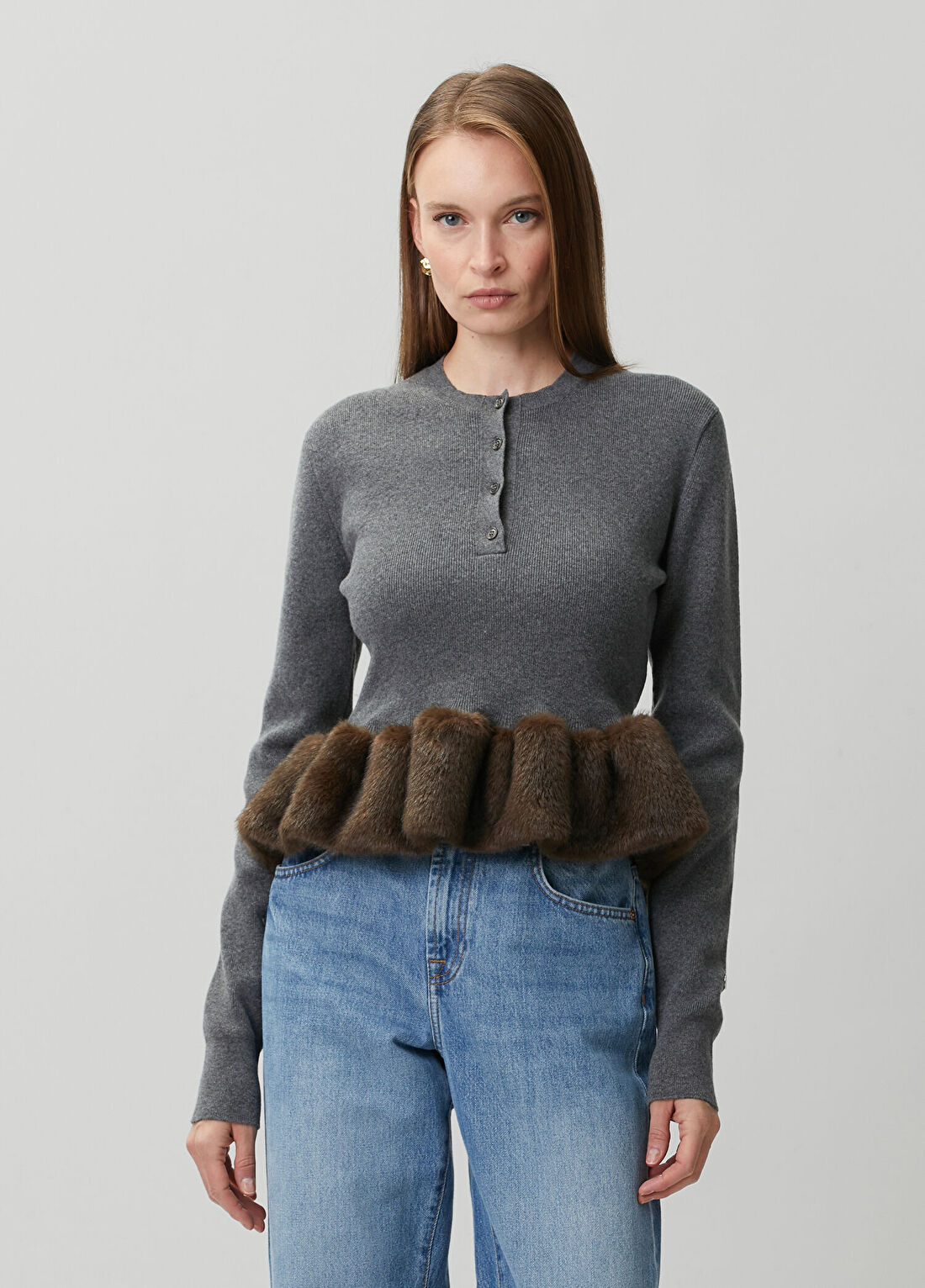 Stella McCartney Koyu Gri Peplum Detaylı Yün Triko