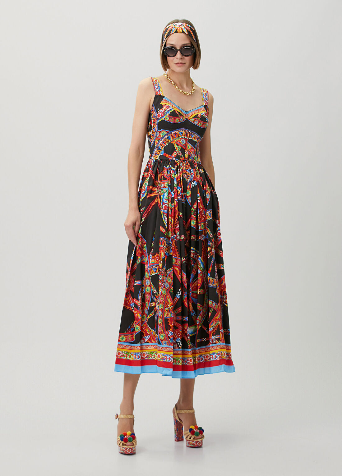 Dolce&Gabbana Siyah Desenli Midi Poplin Elbise