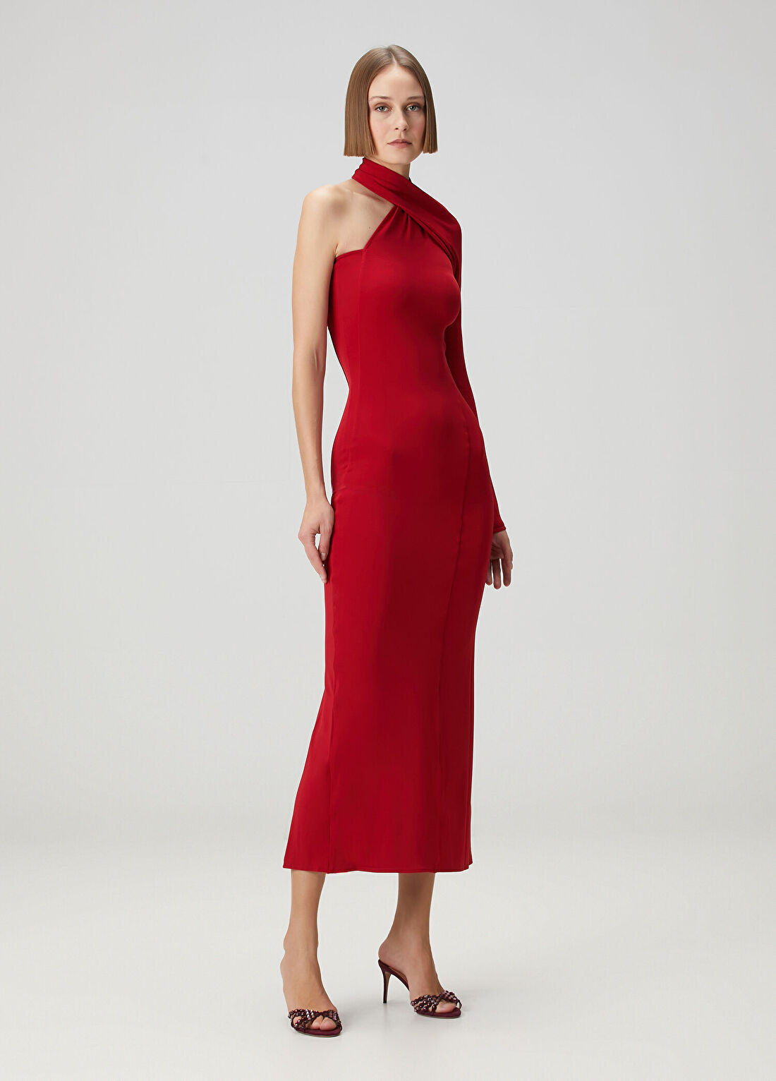 Courreges Kırmızı Tek Omuzlu Midi Krep Jersey Elbise