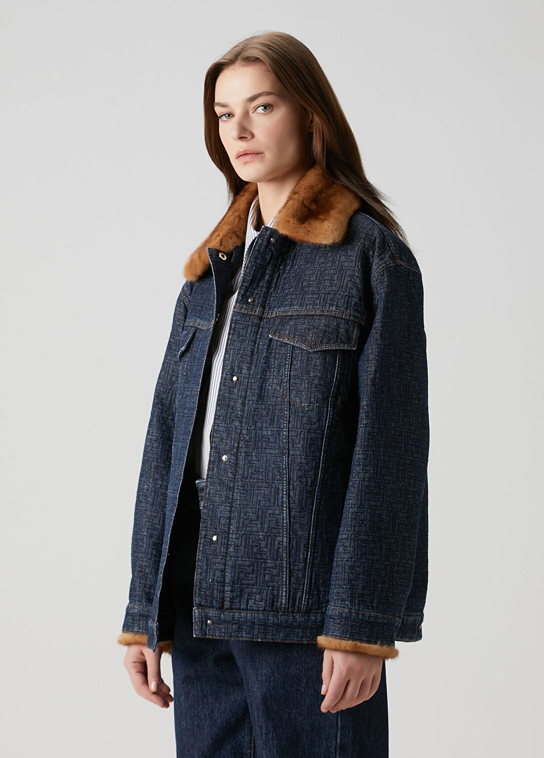 Fendi Lacivert Logo Motifli Denim Ceket