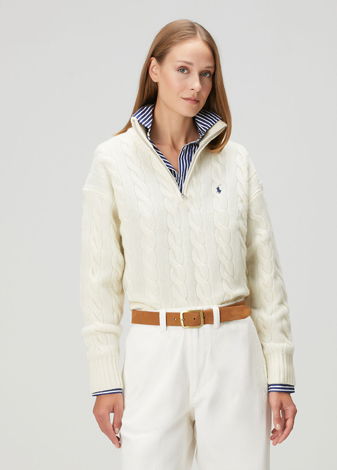 Polo Ralph Lauren Krem Fermuarlı Saç Örgü Yün Kazak görsel 4
