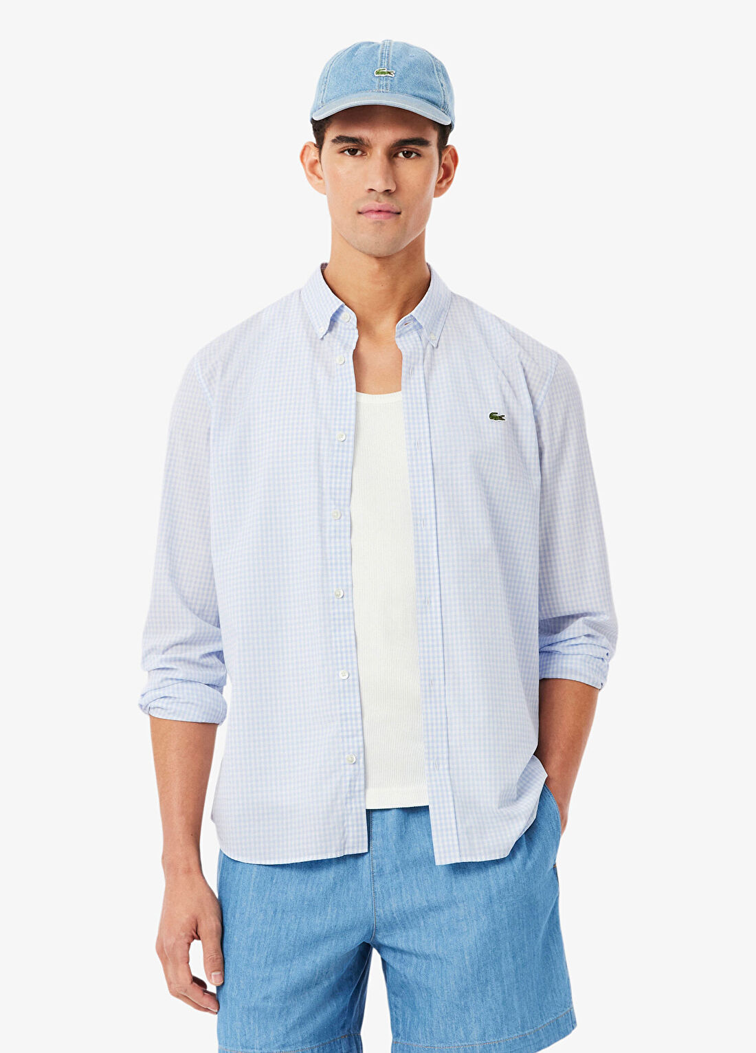 Lacoste Açık Mavi Ekoseli Düğmeli Yaka Regular Fit Uzun Kollu Erkek Gömlek