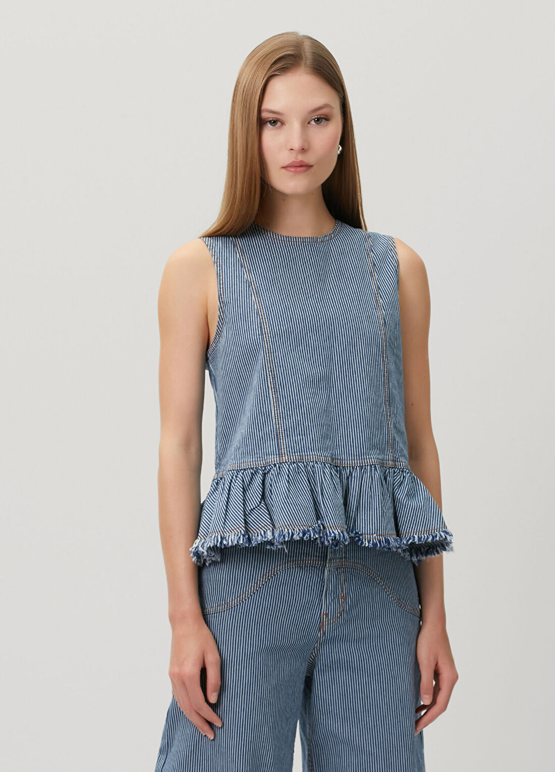 Baum Und Pferdgarten Madinel Mavi Çizgili Denim Bluz görsel 3