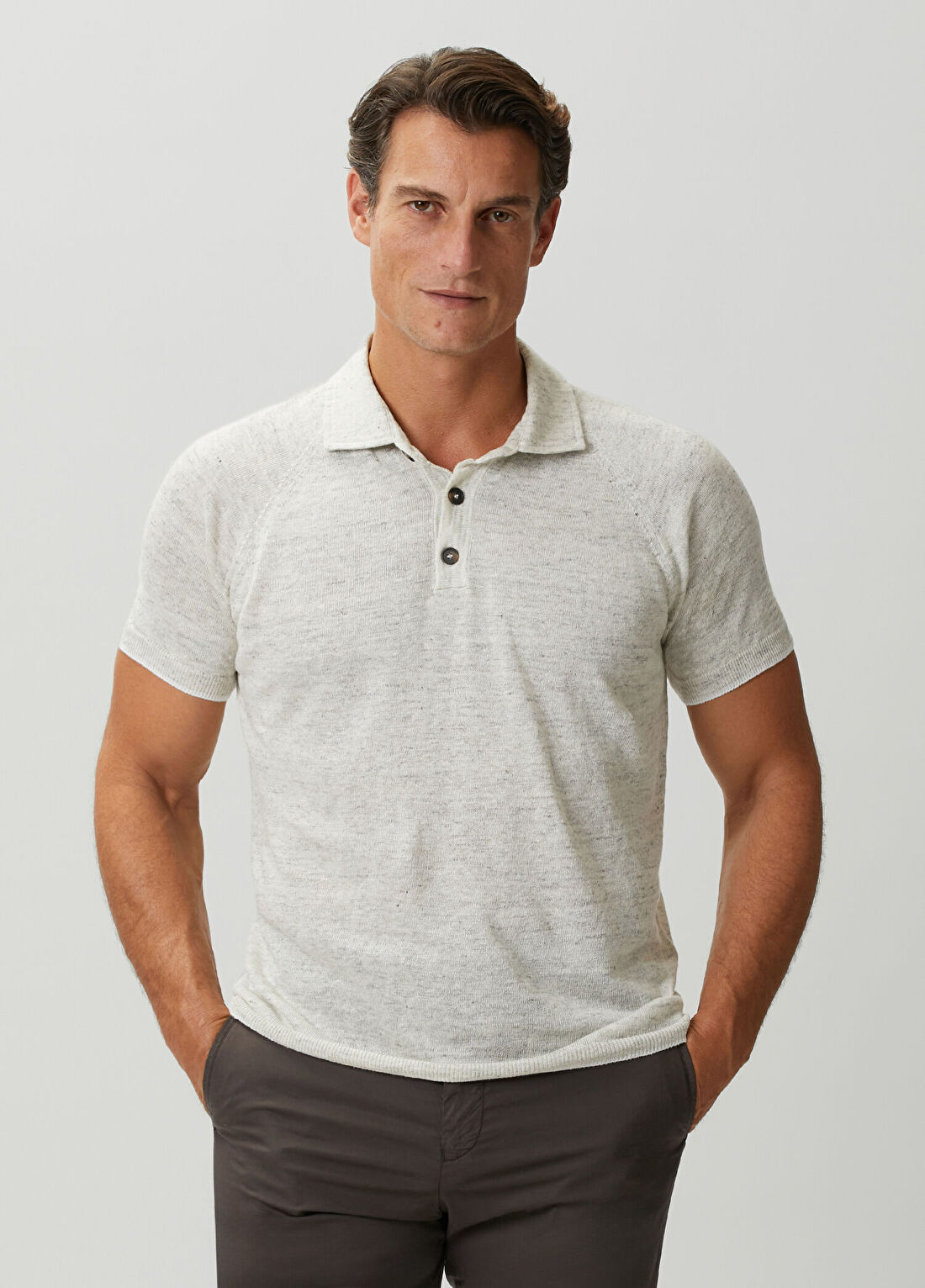 Kiton Gri Polo Yaka Keten T-shirt