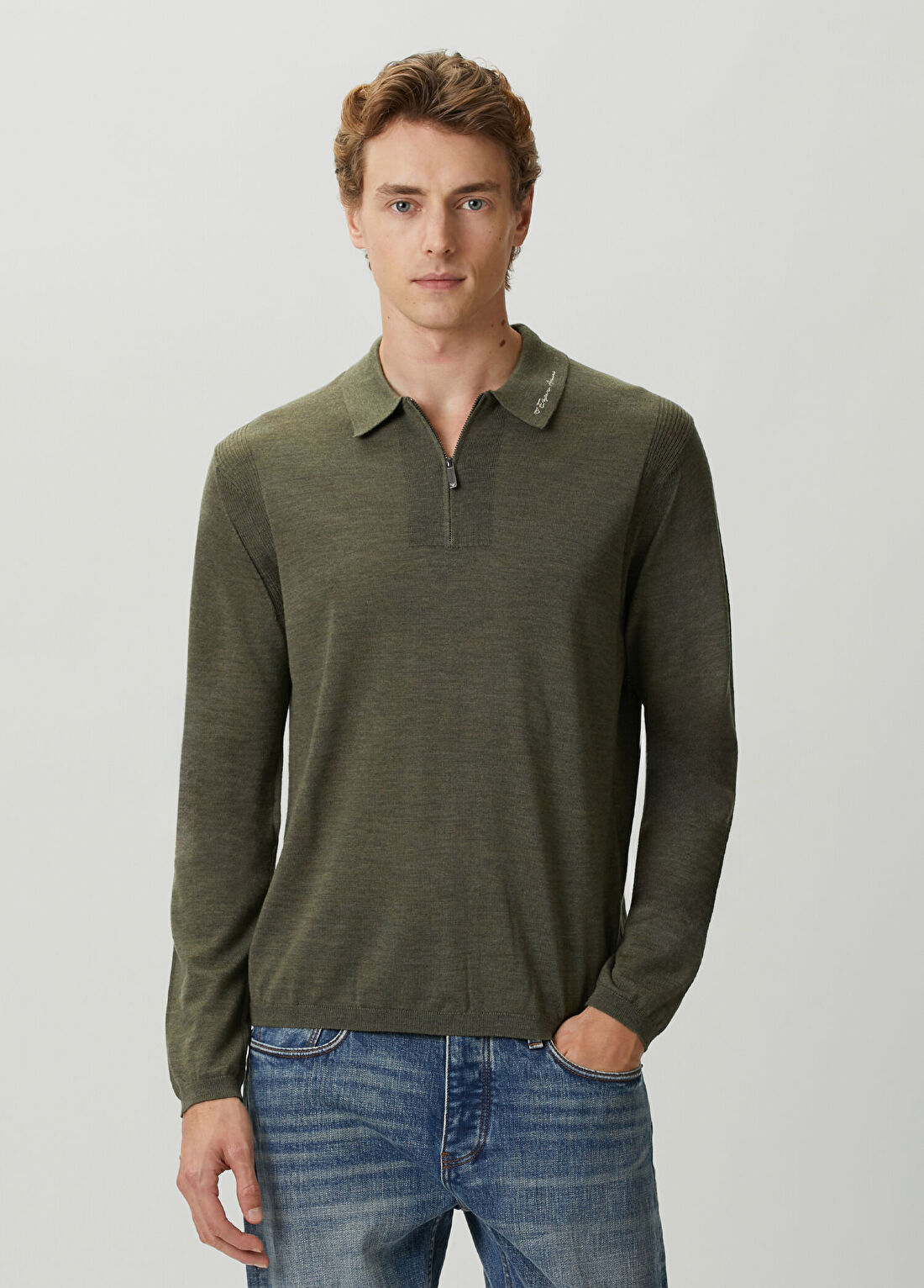 Emporio Armani Regular Fit Yeşil Polo Yaka Yün Triko