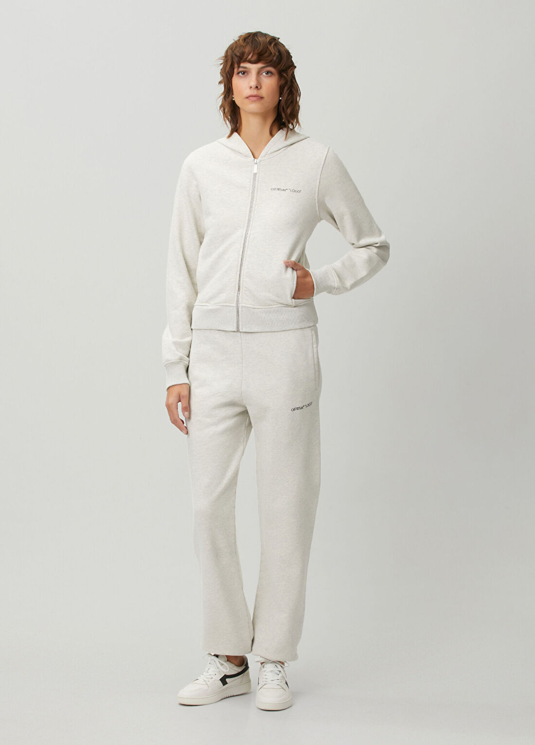 Off-White Gri Kapüşonlu Fermuarlı Sweatshirt görsel 2