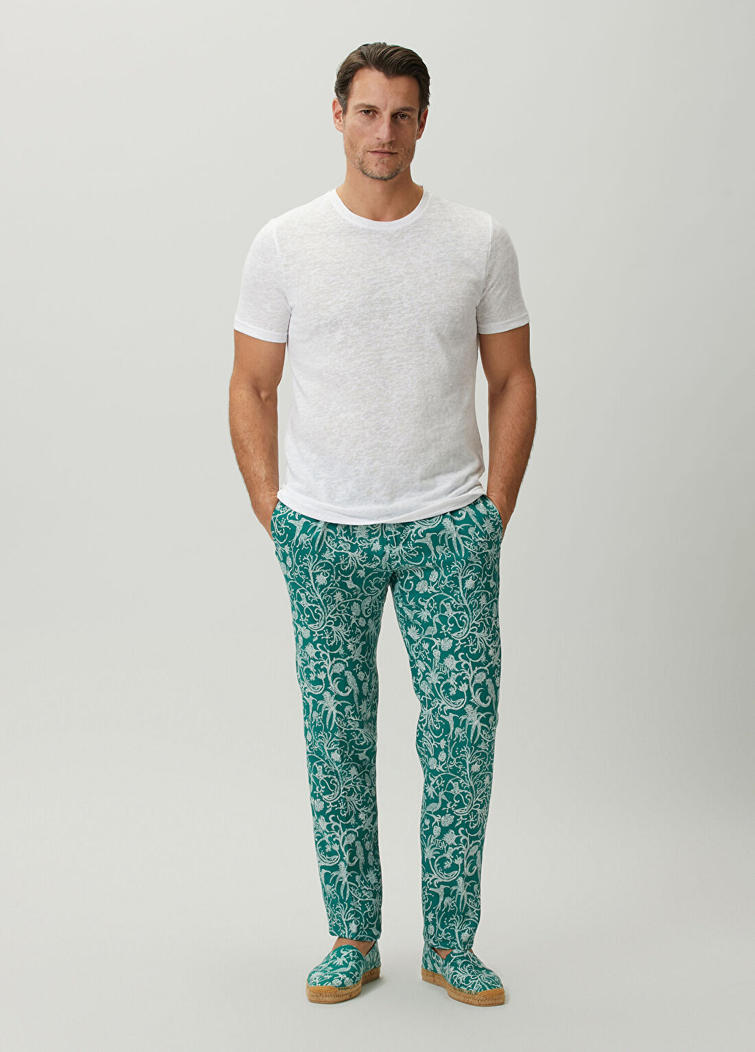 Kiton Yeşil Etnik Desenli Keten Pantolon