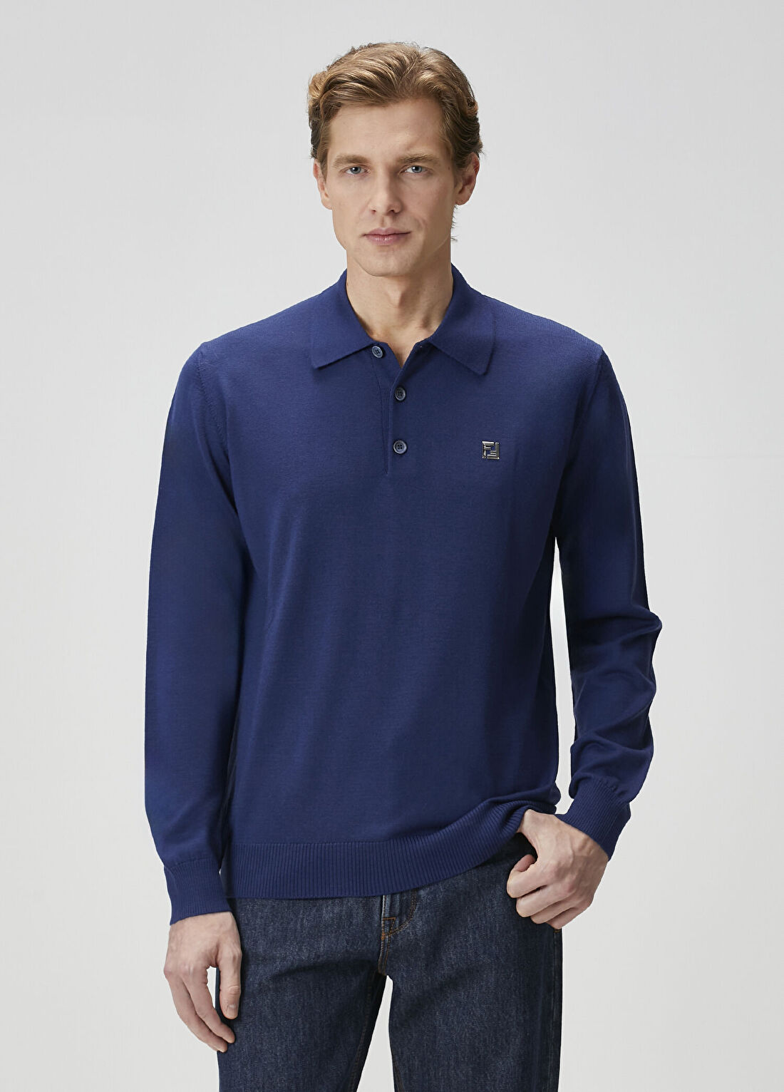 Fendi Lacivert Polo Yaka Yün Triko