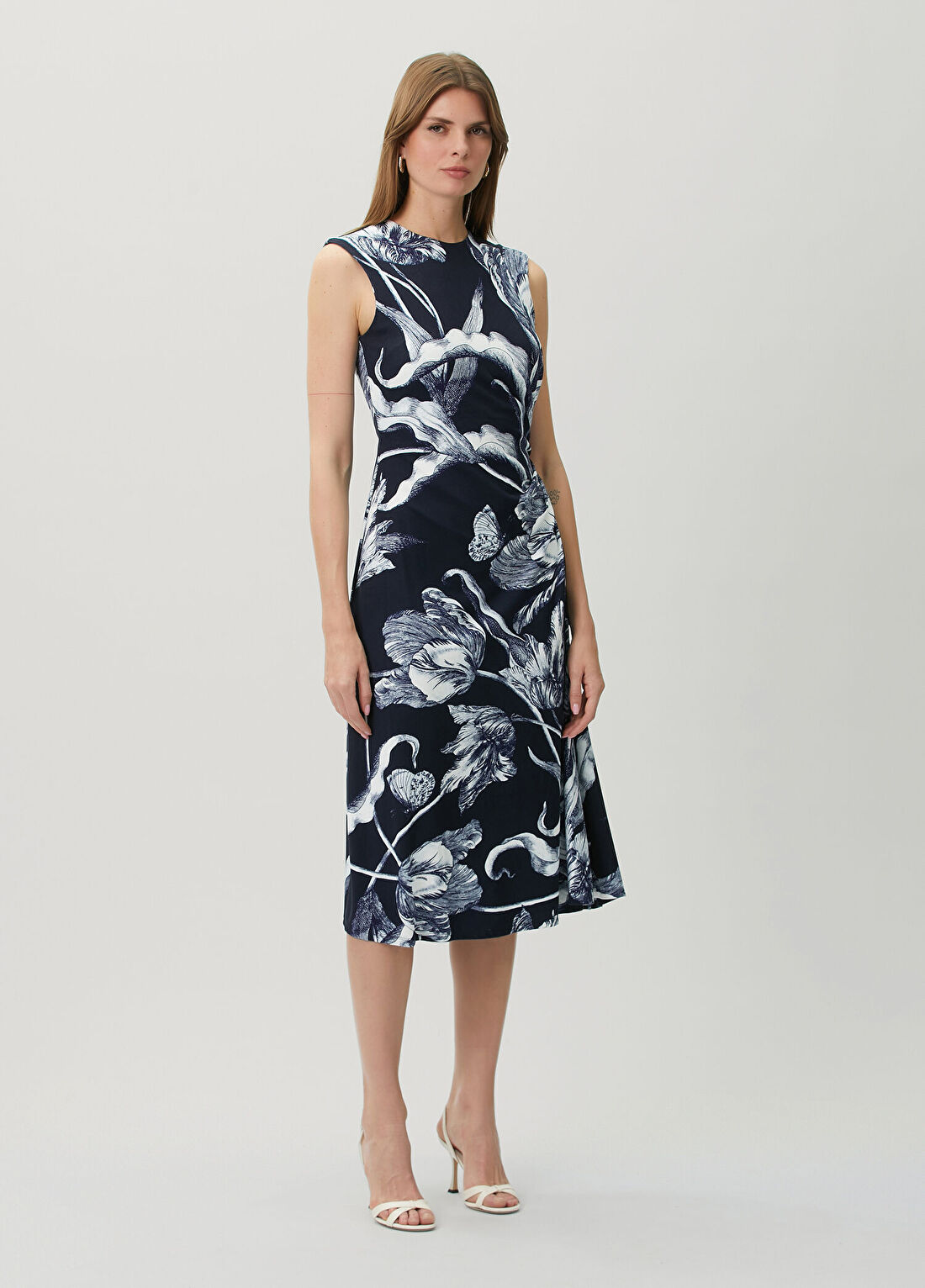 Erdem Lacivert Desenli Midi Elbise