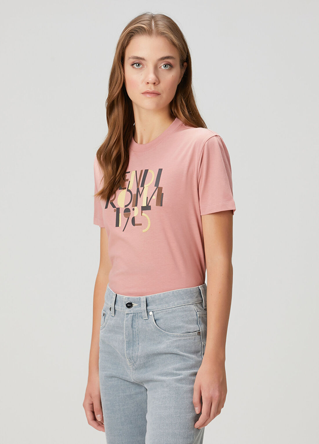Fendi Regular Fit Pembe Logolu T-shirt görsel 3