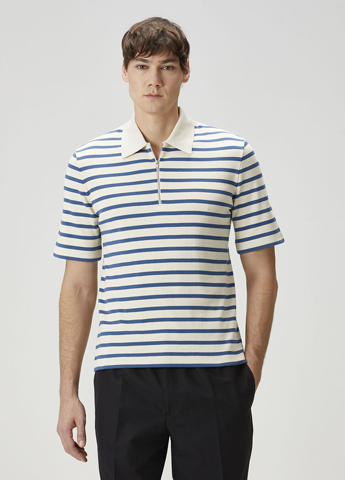 Jil Sander Mavi Beyaz Polo Yaka Çizgi Desenli T-shirt