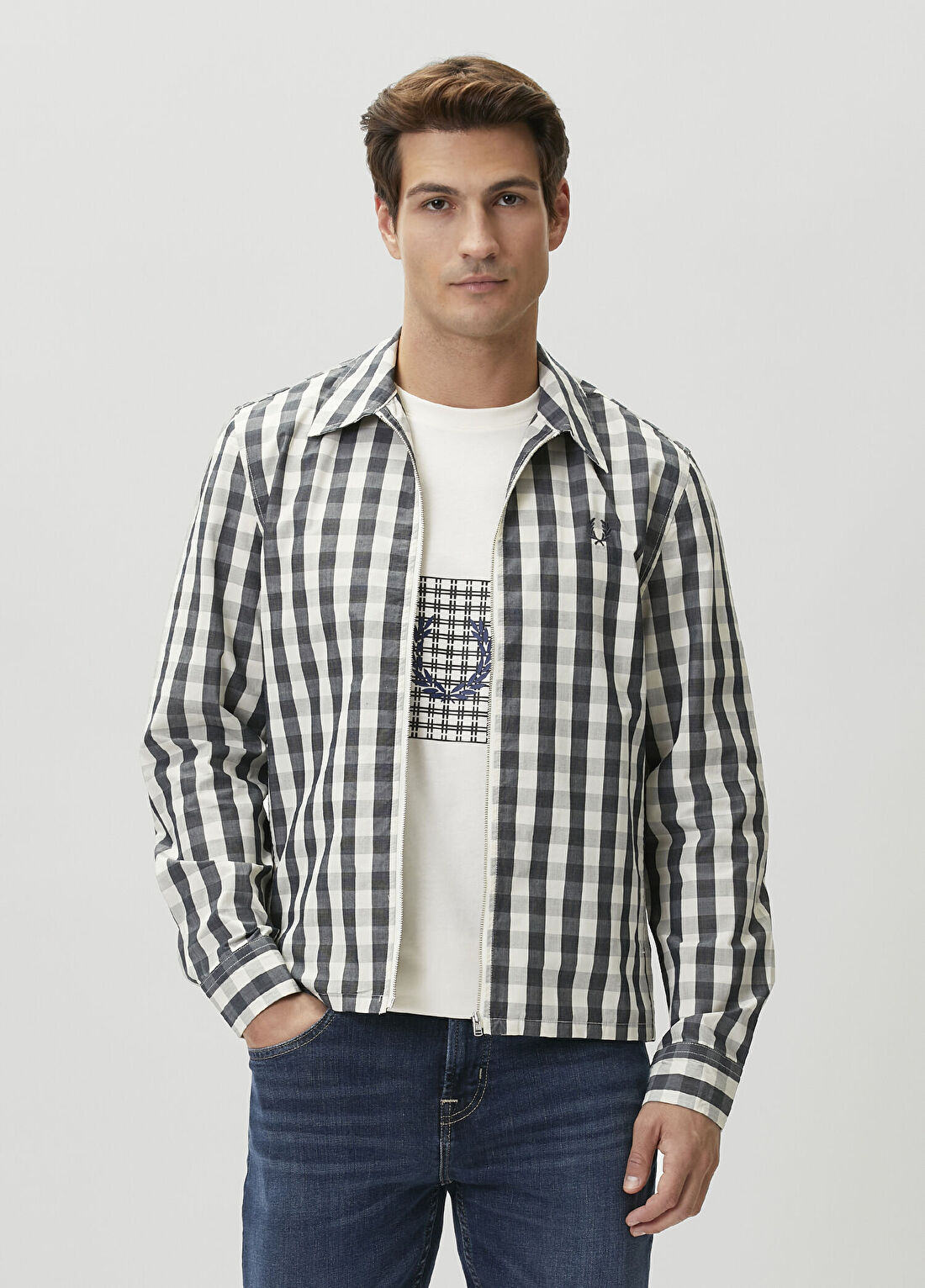 Fred Perry Krem Ekose Desenli Poplin Gömlek