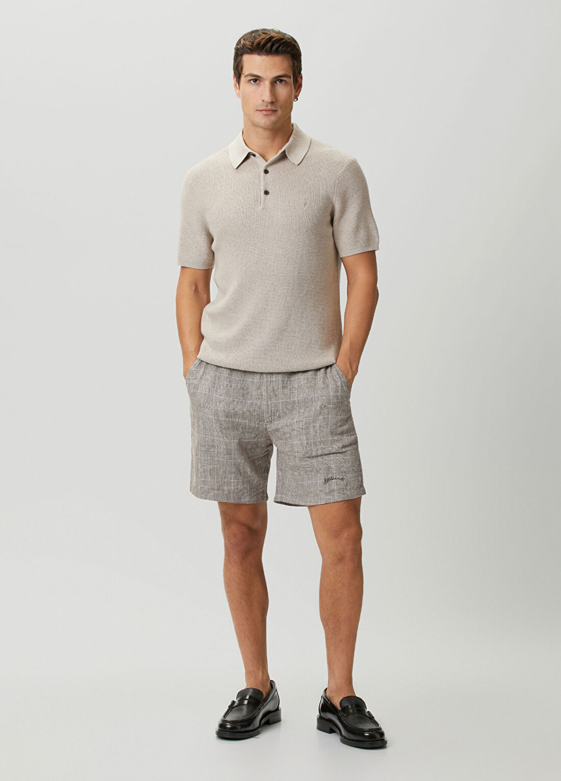 AllSaints Relaxed Fit Keal Kahverengi Ekoseli Keten Bermuda