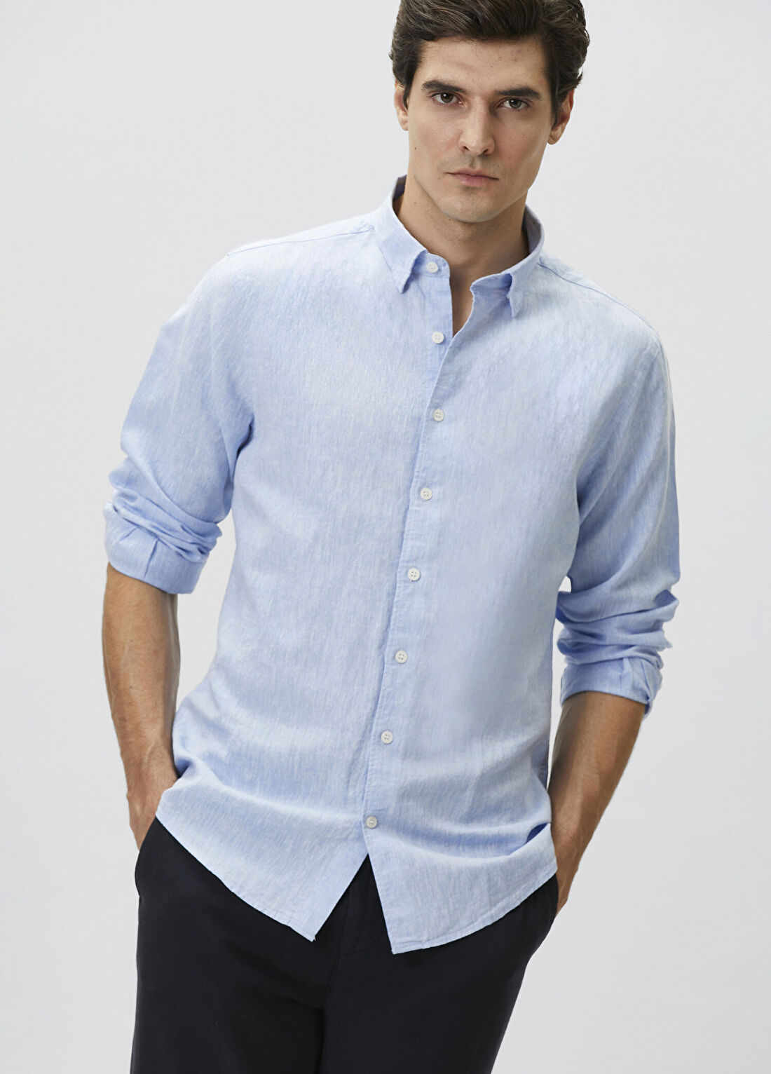 Network Slim Fit Açık Mavi Keten Gömlek