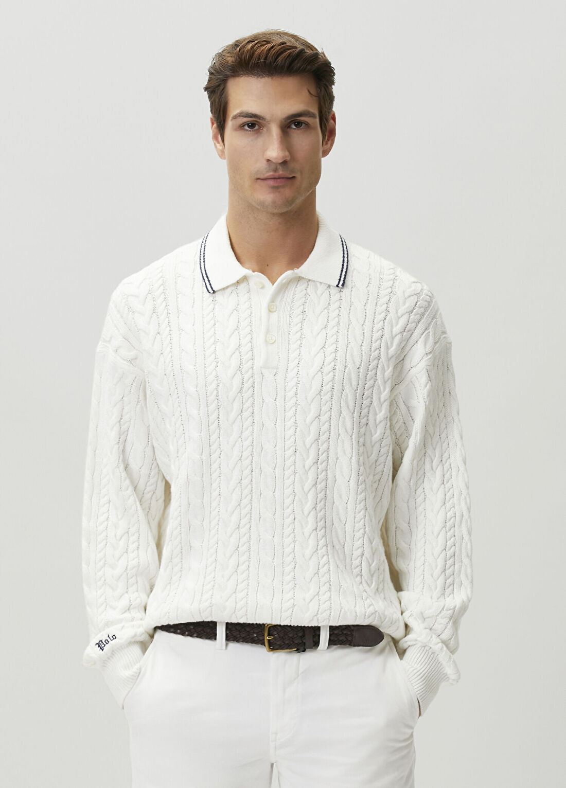 Polo Ralph Lauren Relaxed Fit Krem Saç Örgülü Polo Kazak