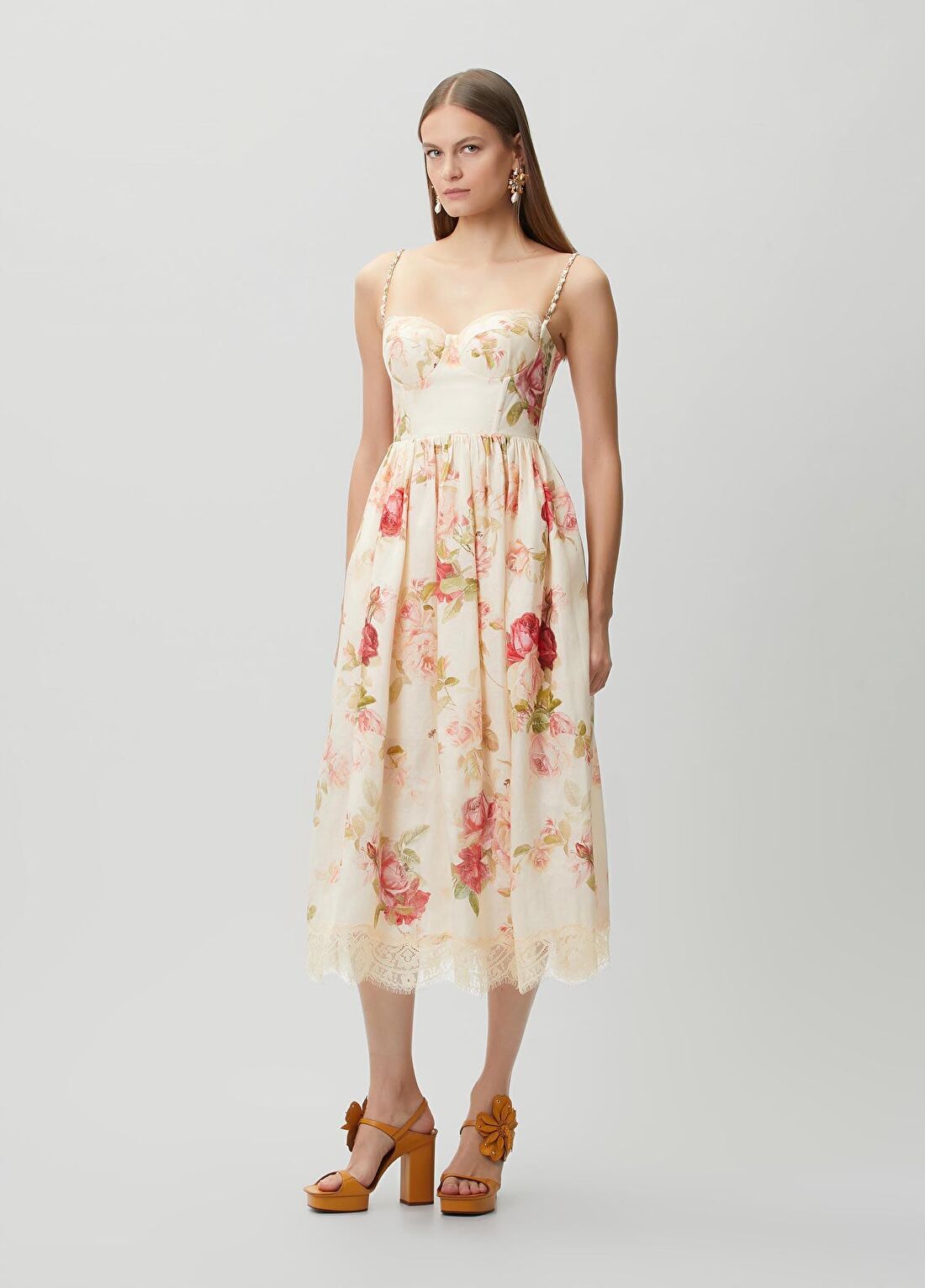 Zimmermann Roselight Pudra Krem Midi Keten Abiye Elbise