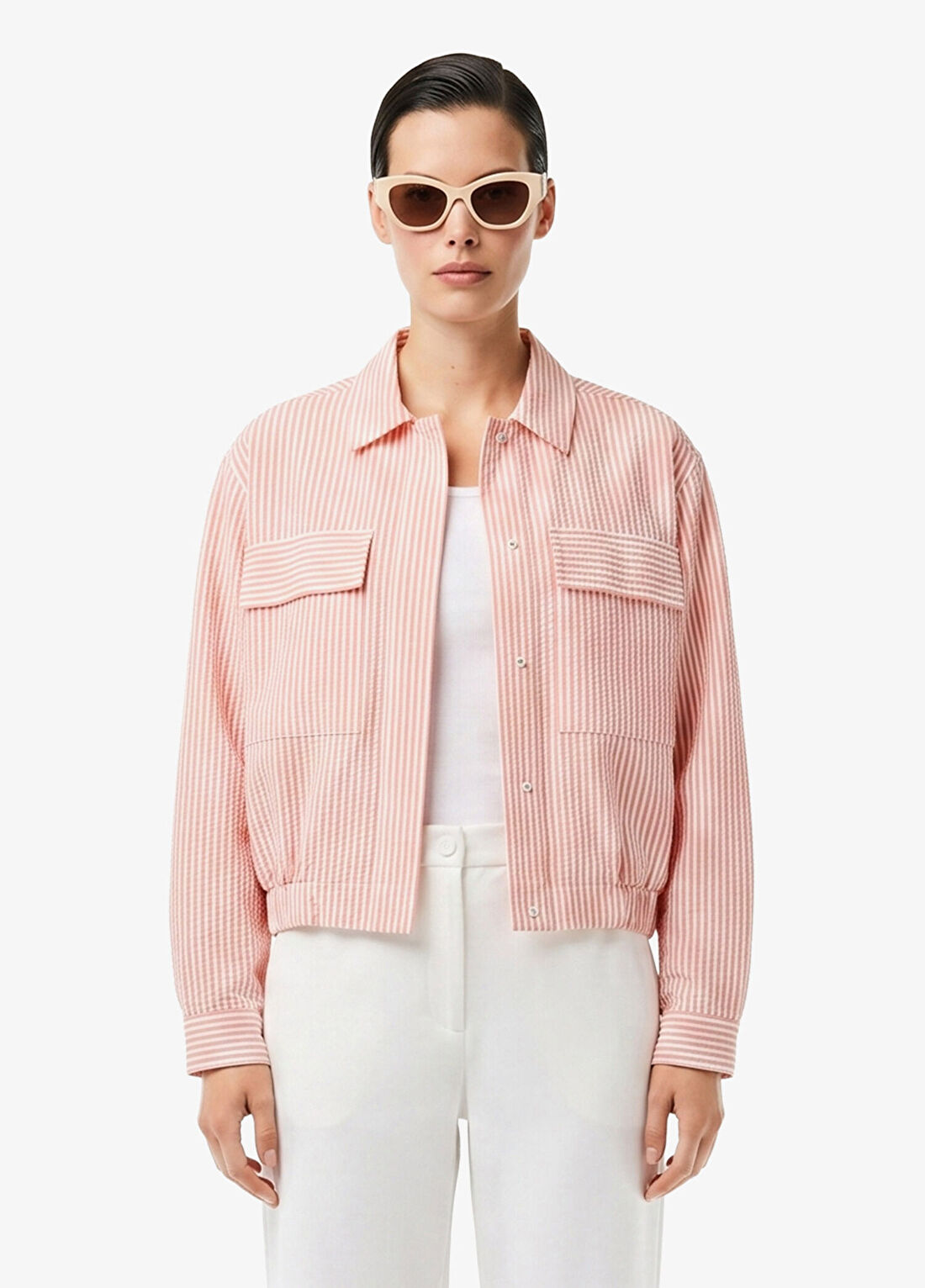 Lacoste Pembe Çizgili Relaxed Fit Kadın Ceket