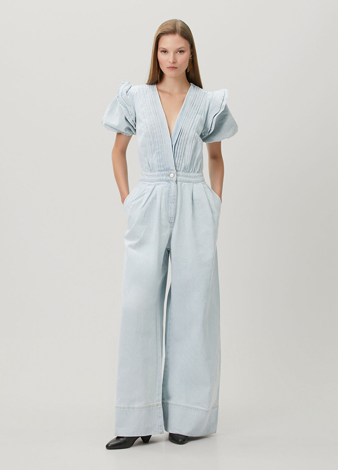 Farm Rio Mavi Fırfırlı Denim Tulum