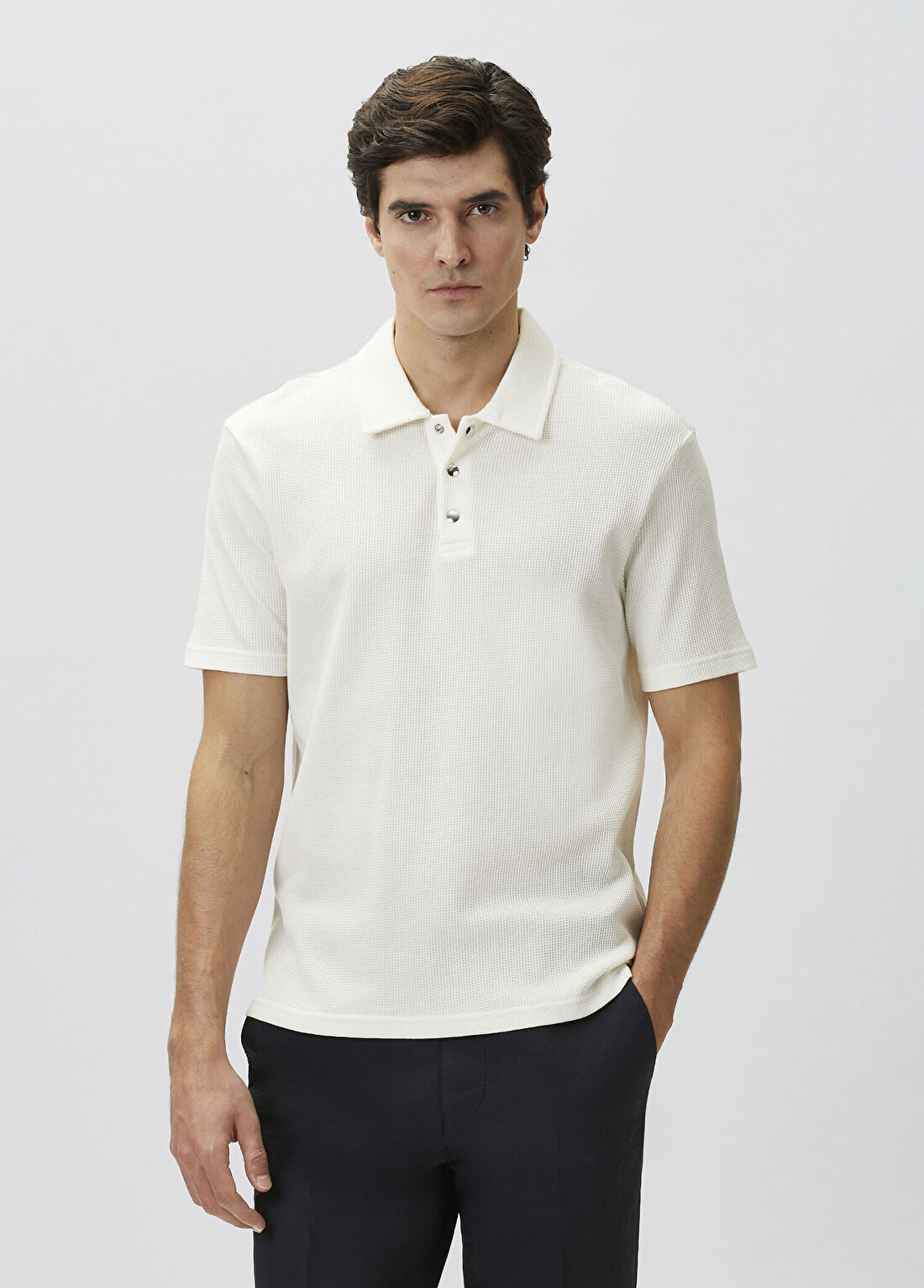 Network Slim Fit Beyaz Polo Yaka Waffle T-shirt görsel 3