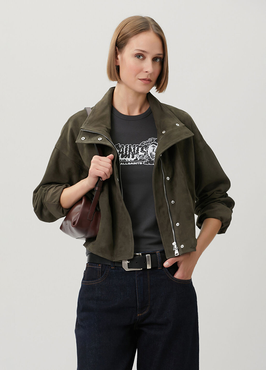 AllSaints Ryder Koyu Haki Süet Ceket