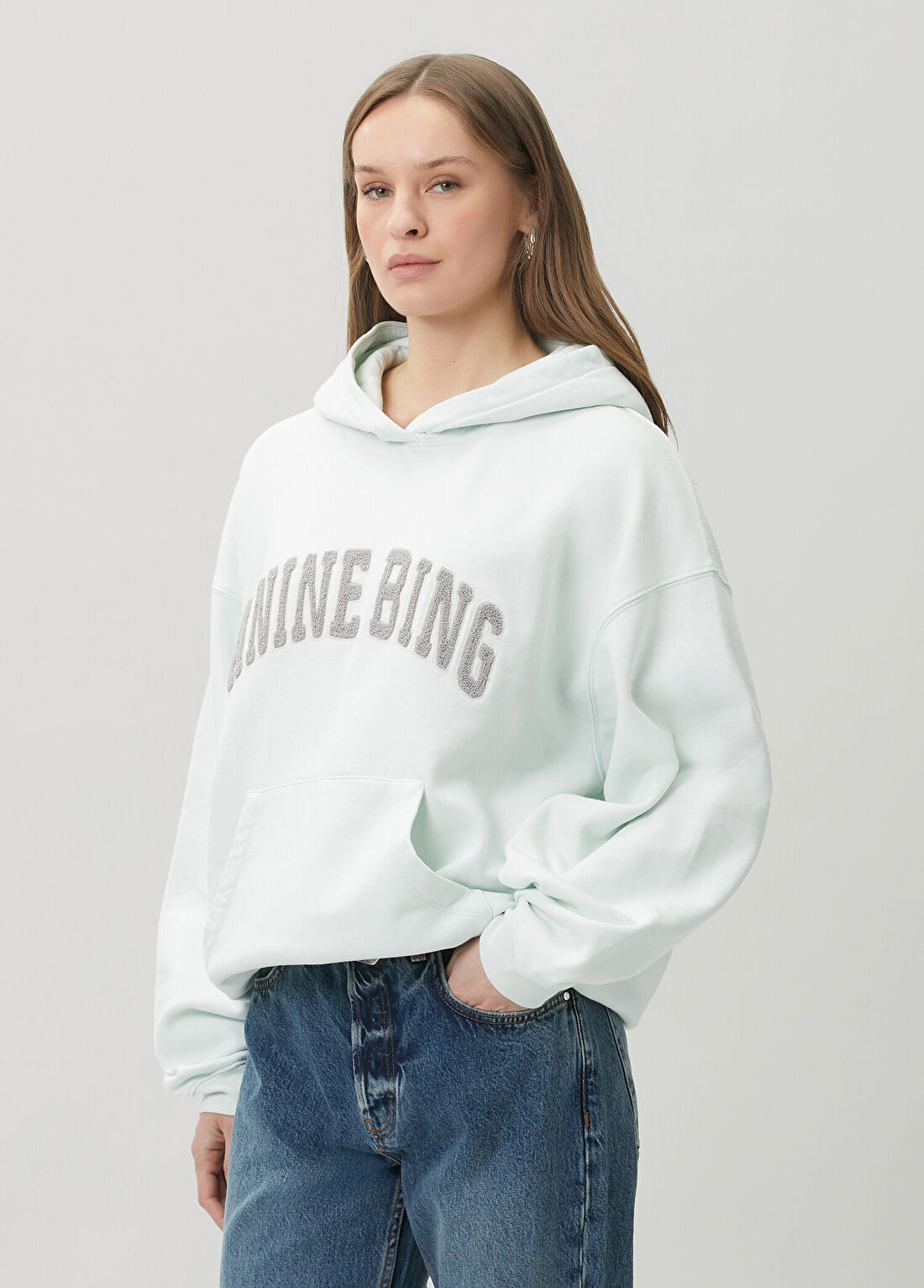 Anine Bing Harvey Açık Yeşil Kapüşonlu Logolu Sweatshirt görsel 3