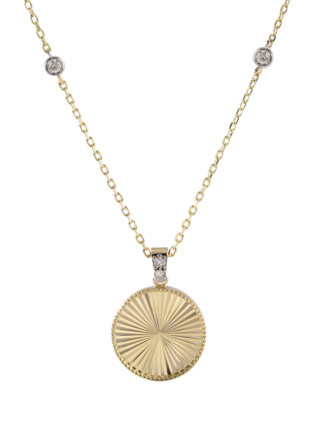 Hems Jewellery Disk Ray Çift Pırlanta Taşlı 14 Ayar Altın Kadın Kolye
