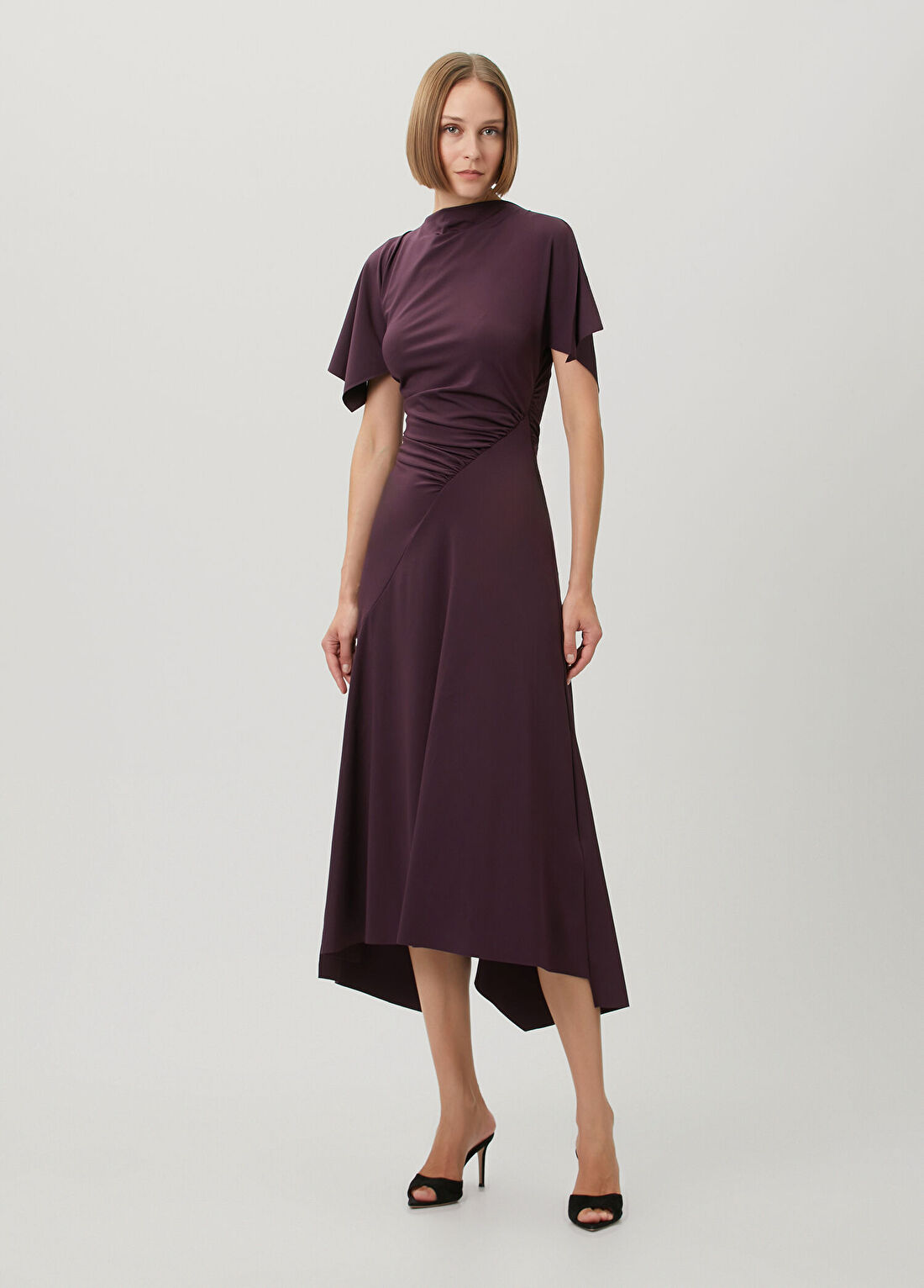 Victoria Beckham Blousey Bordo Asimetrik Midi Elbise