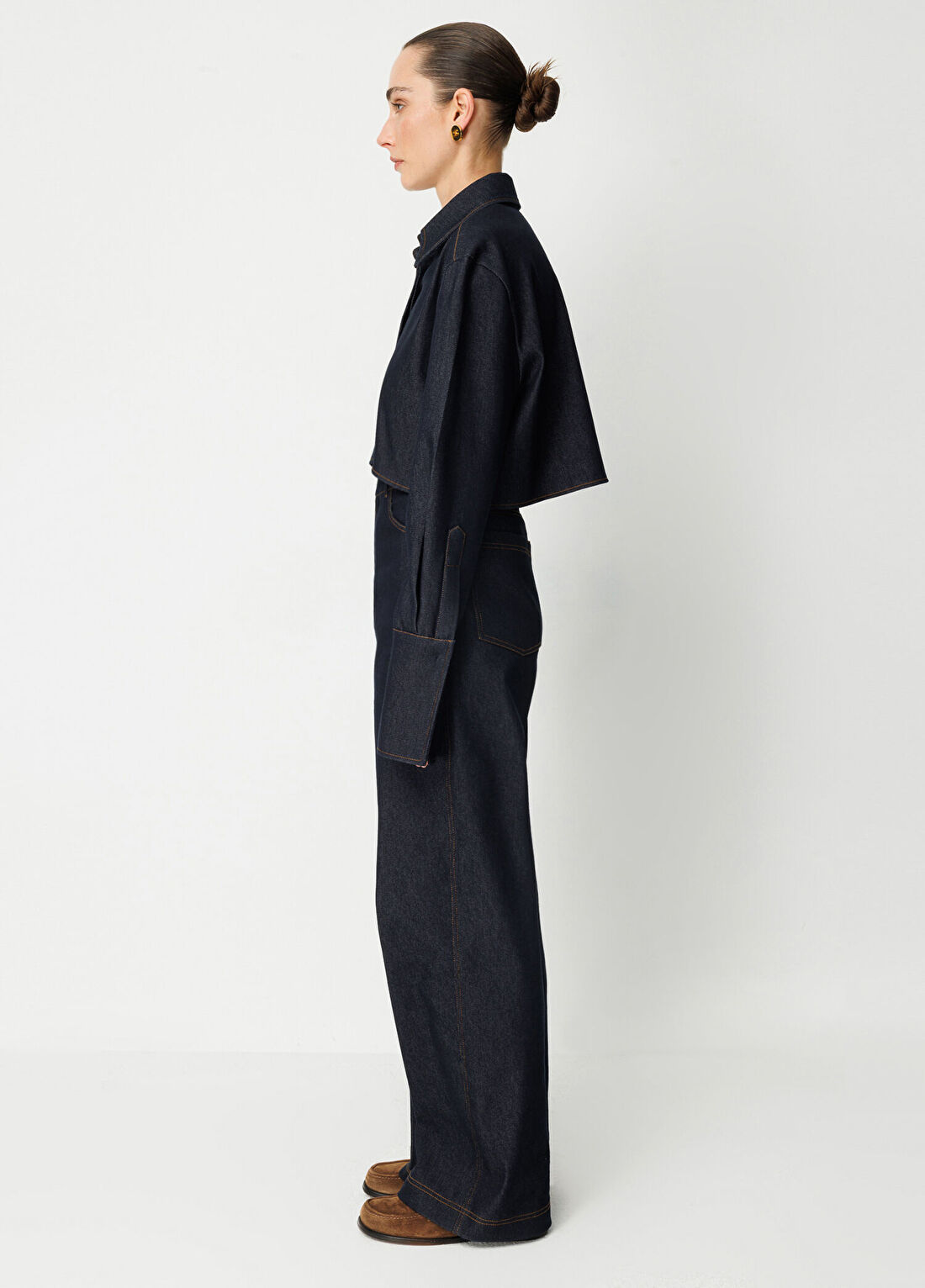 Wabi Sabi No5 Lacivert Denim Süet Detaylı Uzun Kollu Kadın Gömlek görsel 2