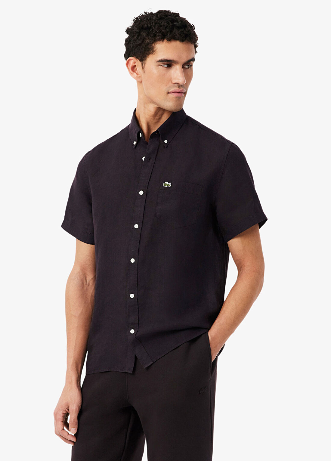 Lacoste Kahverengi Keten Regular Fit Kısa Kollu Düğmeli Yaka Erkek Gömlek