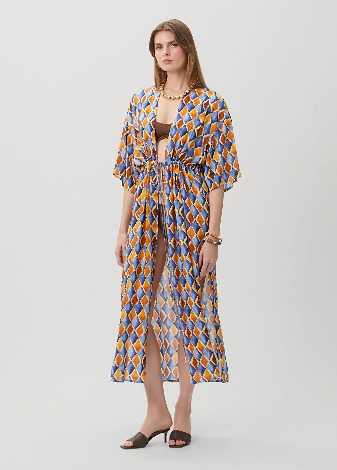 Dual Kahve Mavi Desenli Kimono