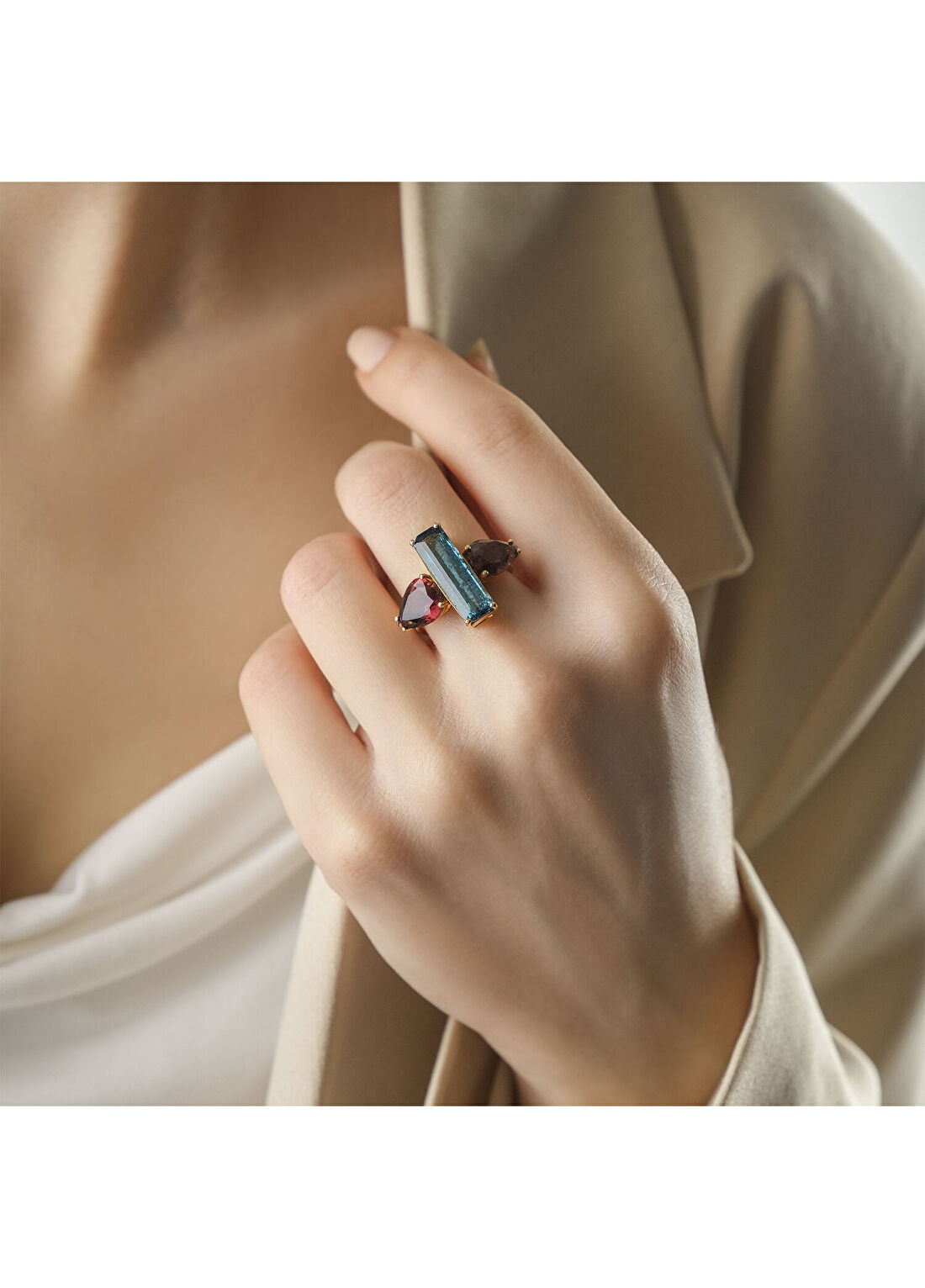 Aspendos Jewellery Mavi ve Pembe Turmalin 18 Ayar Altın Kadın Pırlanta Yüzük görsel 2