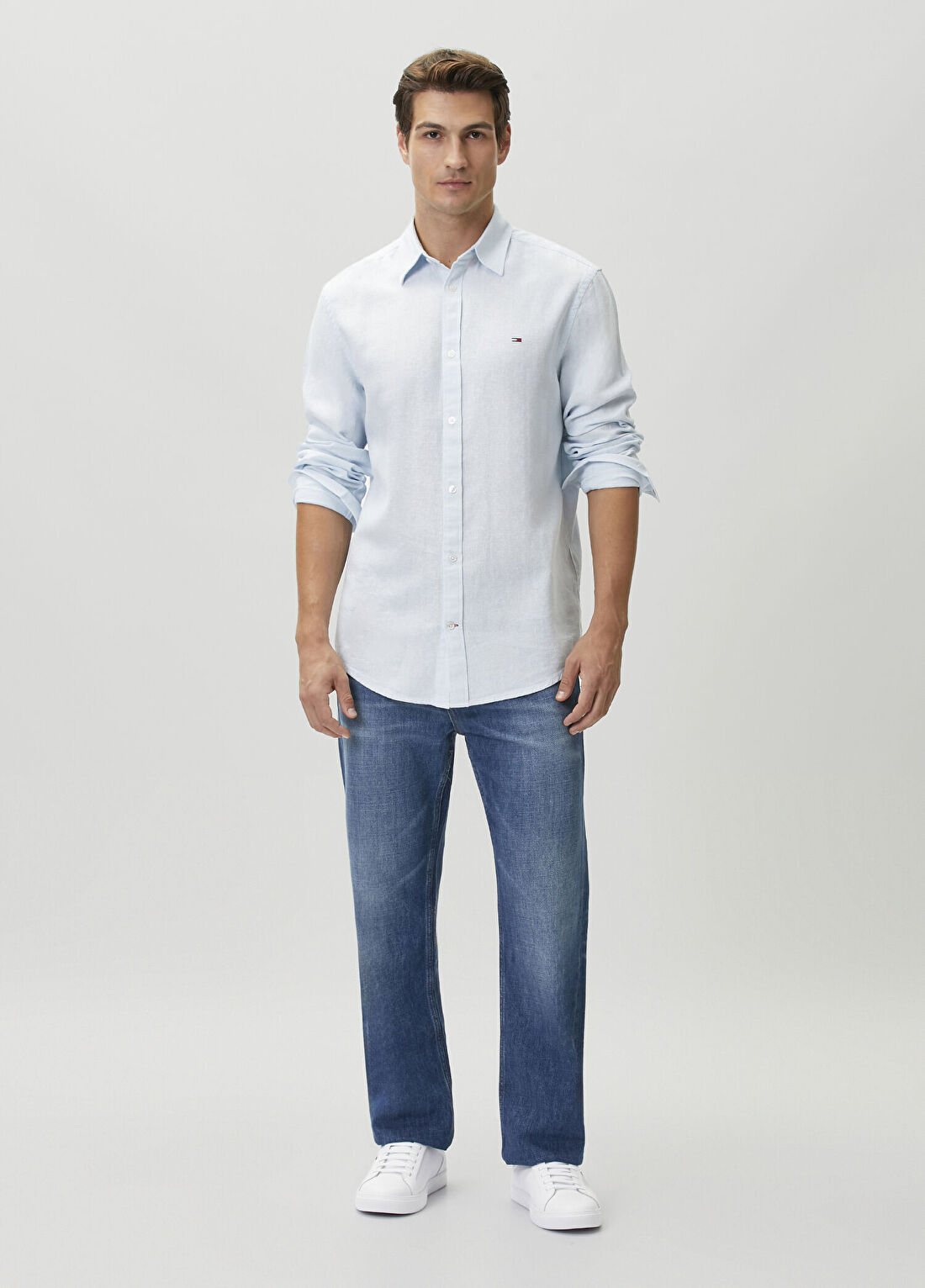 Tommy Jeans Regular Fit Mavi Keten Gömlek görsel 2